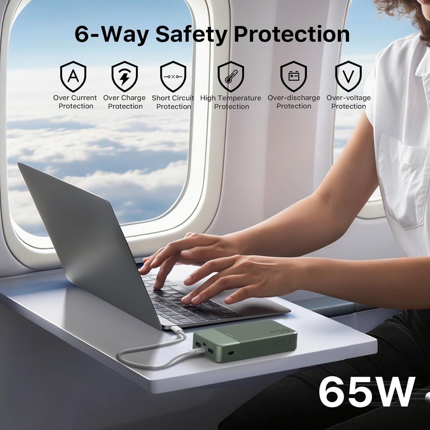 JUOVI Power Bank 65 W 20000 mAh Laptop Tragbares Ladegerät, PD QC Schnellladeakku mit 2 USB-C 2 USB-A, Externe Akkubank für Telefon 17 MacBook iPad Tablet Notebook Steam Deck J2931 (Grün) – Bild 6