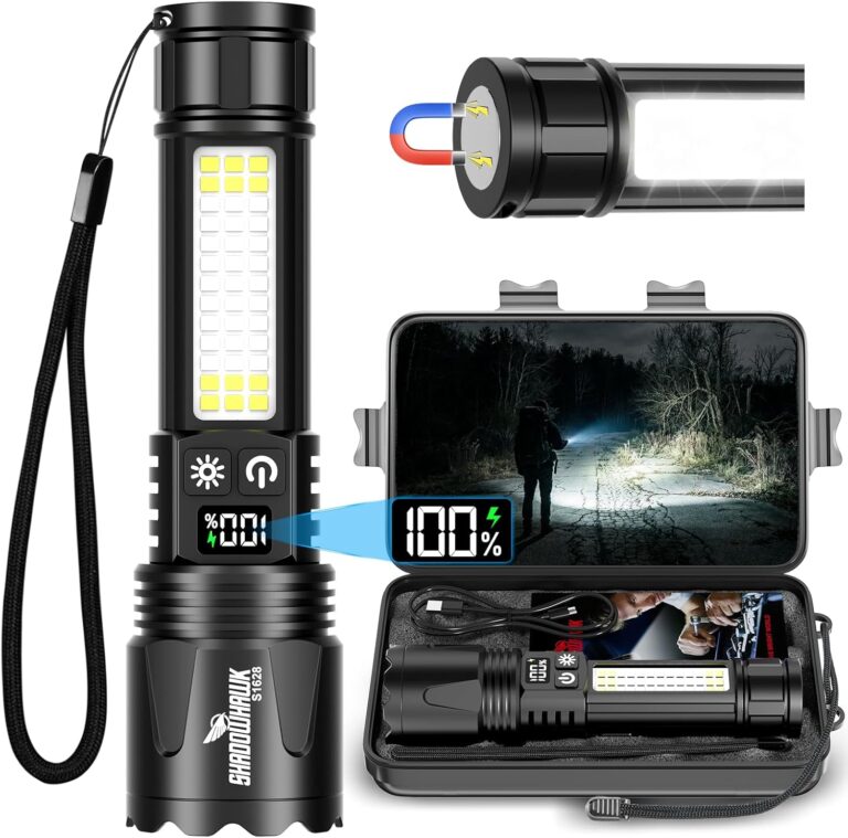 Shadowhawk Extrem helle wiederaufladbare LED-Taschenlampe mit 7 Modi – taktische Taschenlampe mit zwei Schaltern und COB-Arbeitslicht, USB-C+A-Taschenlampe für Camping/Outdoor/Notfälle, N45-Magnet und LCD-Display