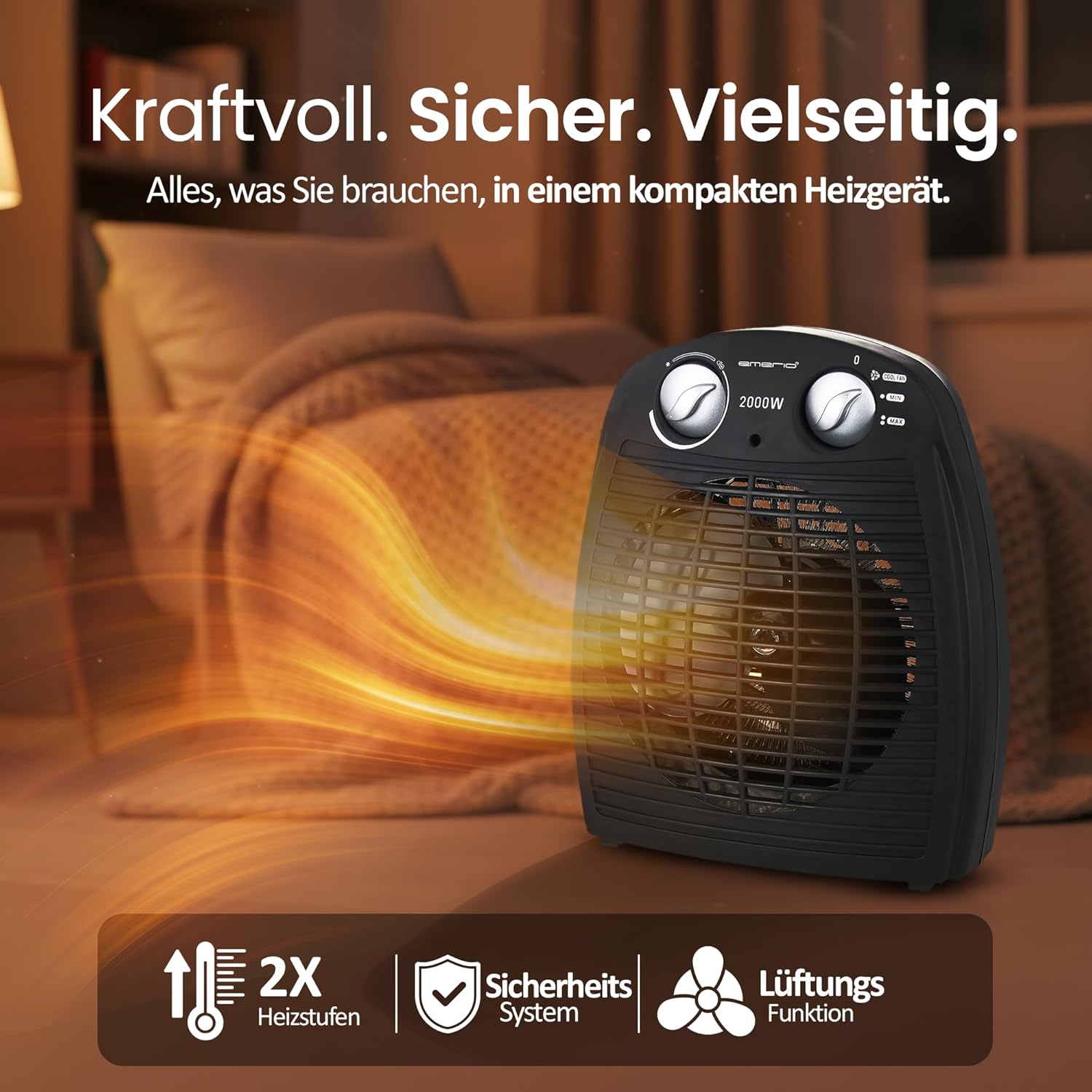 Emerio FH-106737.2, Note 1.5, kleiner kompakter tragbarer Heizlüfter für 25 m², 2 Heizleistungen + Lüfterfunktion, einstellbarer Thermostat, Sicherheitsschalter, Griff, 2000 Watt, Anthrazit – Bild 4