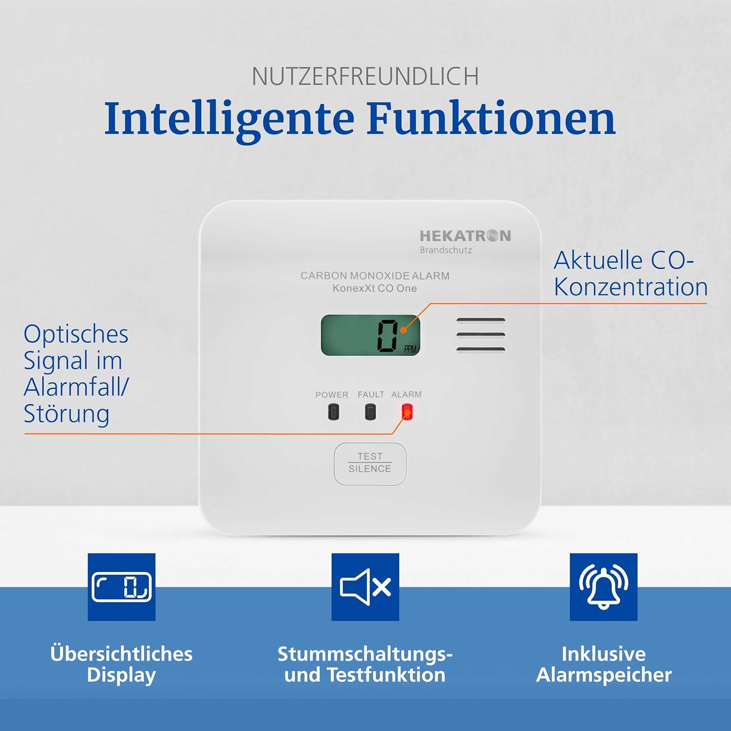 Hekatron KonexXt CO One Kohlenmonoxidmelder, 10-Jahres-Batterie | CO-Melder mit übersichtlichem Display und Testalarmknopf, einfache Installation – Bild 5