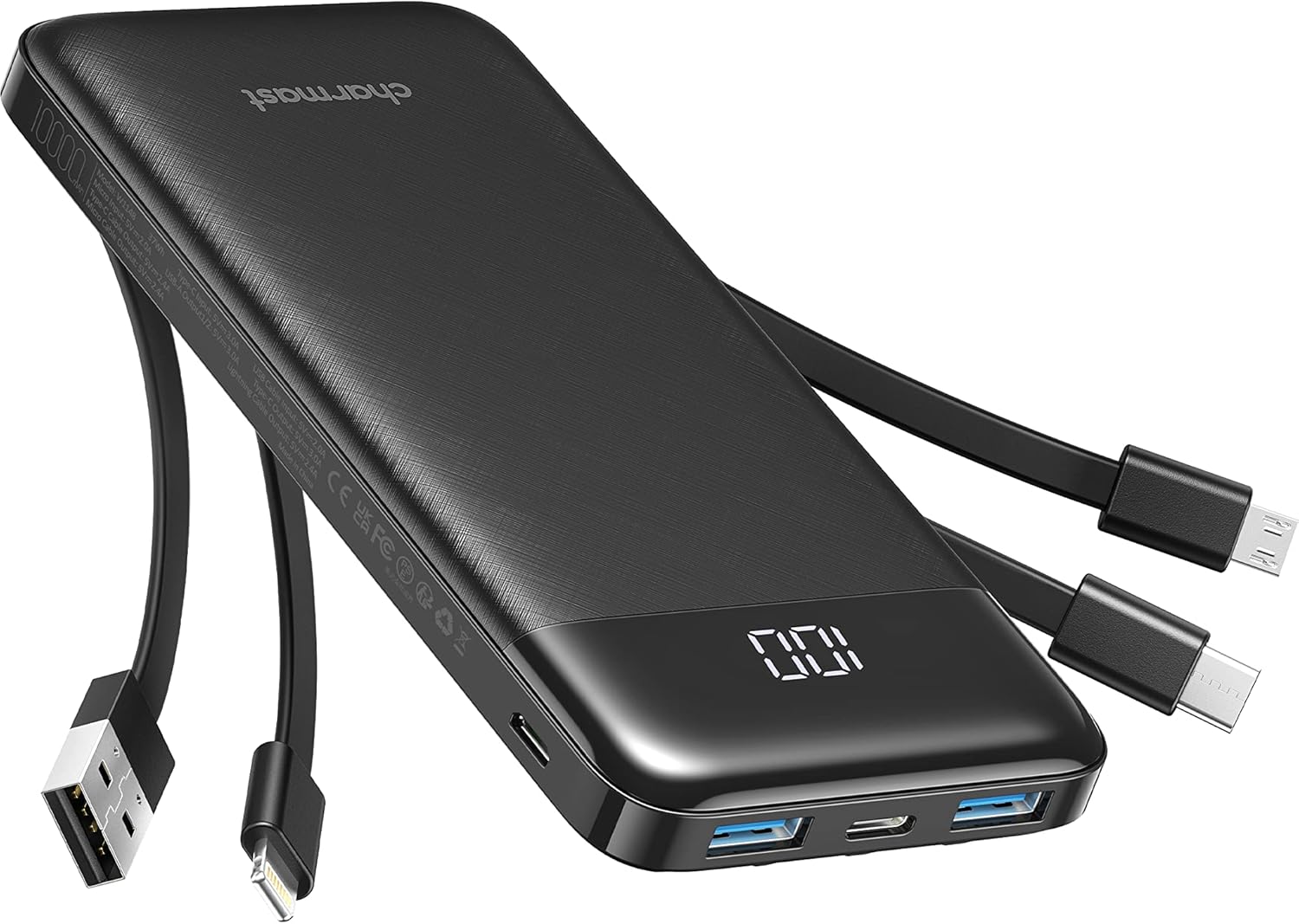 Charmast Powerbank 10000 mAh, externer Akku, USB-C-Powerbank mit 4 integrierten Ladekabeln, tragbares Ladegerät, LED-Display, kompakt, schlank, 6 Ausgänge, kompatibel mit iPhone, Huawei, Samsung Tablet