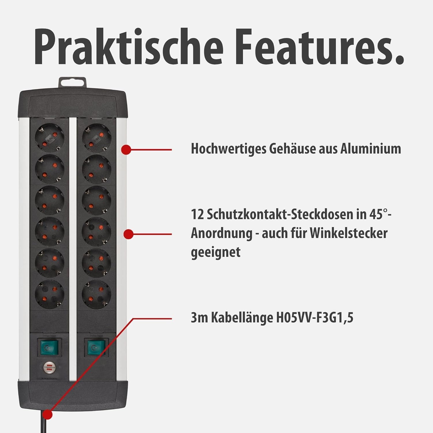 Brennenstuhl Premium Aluminium Line Steckdosenleiste | Mehrfachsteckdose aus hochwertigem Aluminium mit 2 Schaltern für je 6 Steckdosen, hergestellt in Deutschland – Bild 3