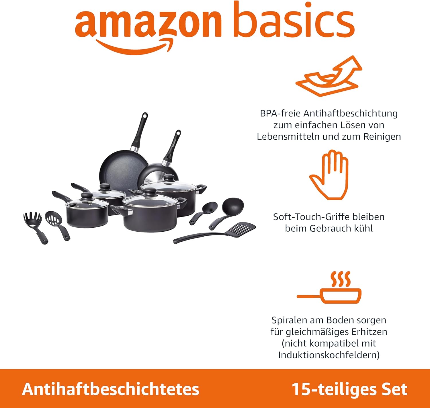 Amazon Basics – 15-teiliges Kochgeschirr mit Antihaftbeschichtung, Schwarz – Bild 2