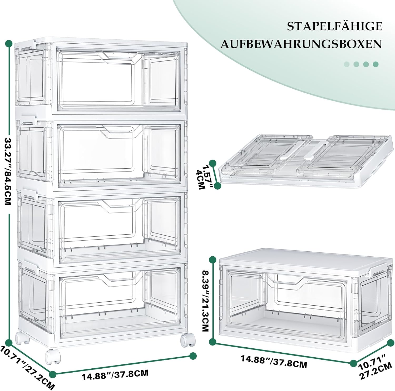 Aufbewahrungsboxen mit Deckel – 4-stöckige stapelbare Kunststoffboxen, 23 l transparent, große Organizer-Behälter für Schlafzimmer, Wohnzimmer, Badezimmer, 4 Ebenen und 1 Deckel – Bild 2