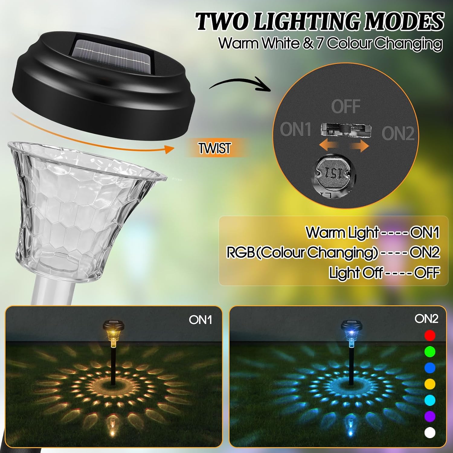 Akynite 8er-Pack Solarleuchten für den Garten im Freien, RGB-Farbwechsel und Warmweiß, IP65 wasserdichte Solarleuchten, automatisches Ein-/Ausschalten, LED-Gartenlampe, Solar-Wegeleuchten für die Gartendekoration im Freien, Hofwege – Bild 6