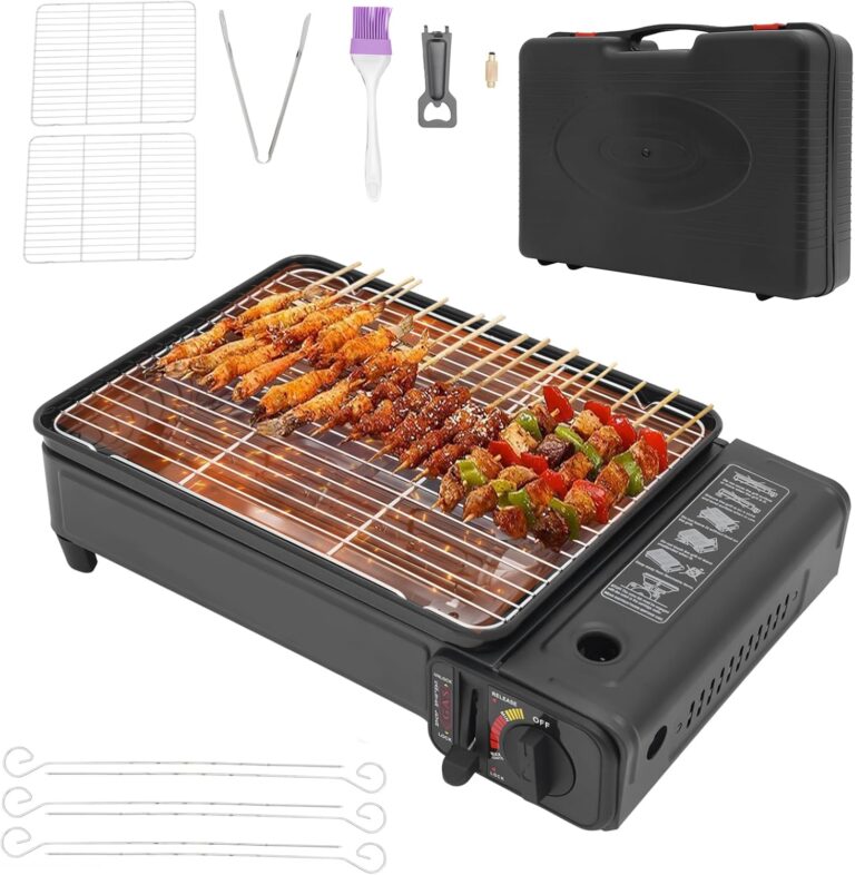 Camping-Gasgrill 2,2 kW tragbar mit 2 Grillrosten & Tragetasche, Tisch-Gasgrill mit Piezo-Zündung & Fettauffangschale, Gasherd-Grill 2-in-1 für Kartuschen und Gasflaschen – ideal für