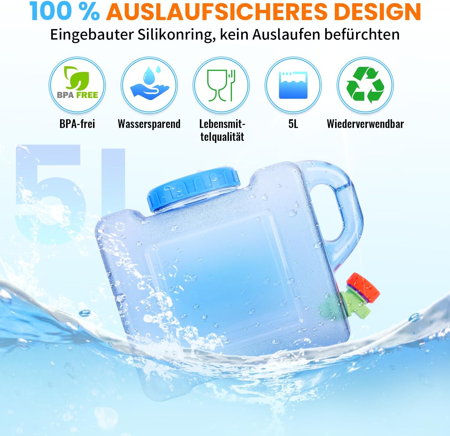 Umikk 5L~22L Camping-Wasserkanister, Wasserbehälter mit Wasserhahn, tragbarer Trinkwasserkanister, Wassertank Camping mit Griffen, Wasserkanister BPA-frei, für Outdoor-Reisen, Zuhause, Trinkaufbewahrung – Bild 2