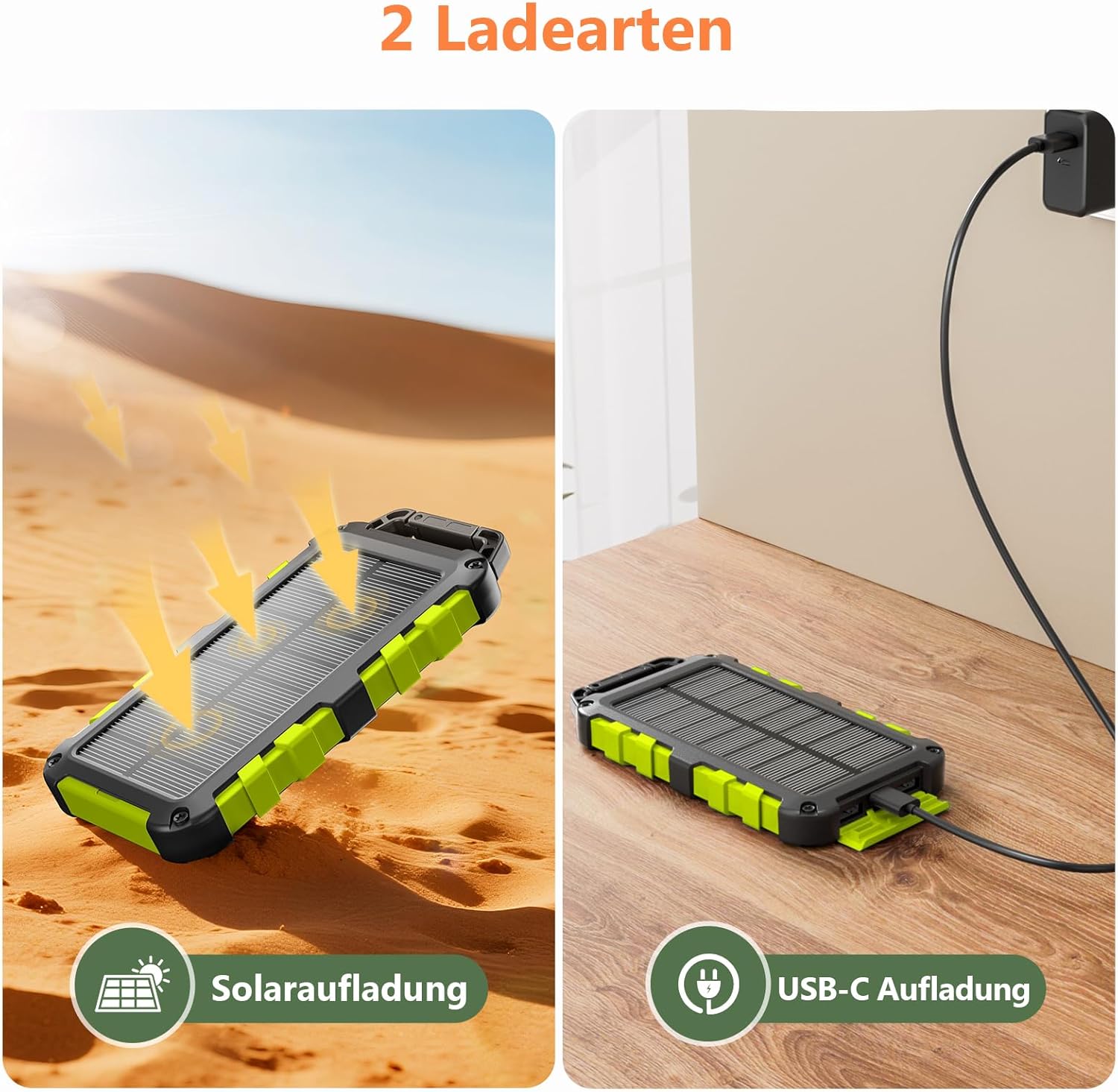 Solar Powerbank 10000 mAh, PD15W Tragbares Solar-Ladegerät USB C Externer Akku Outdoor Wasserdichts mit LED-Licht und 3 Ausgängen für Smartphones Tablets Camping, Grün – Bild 7