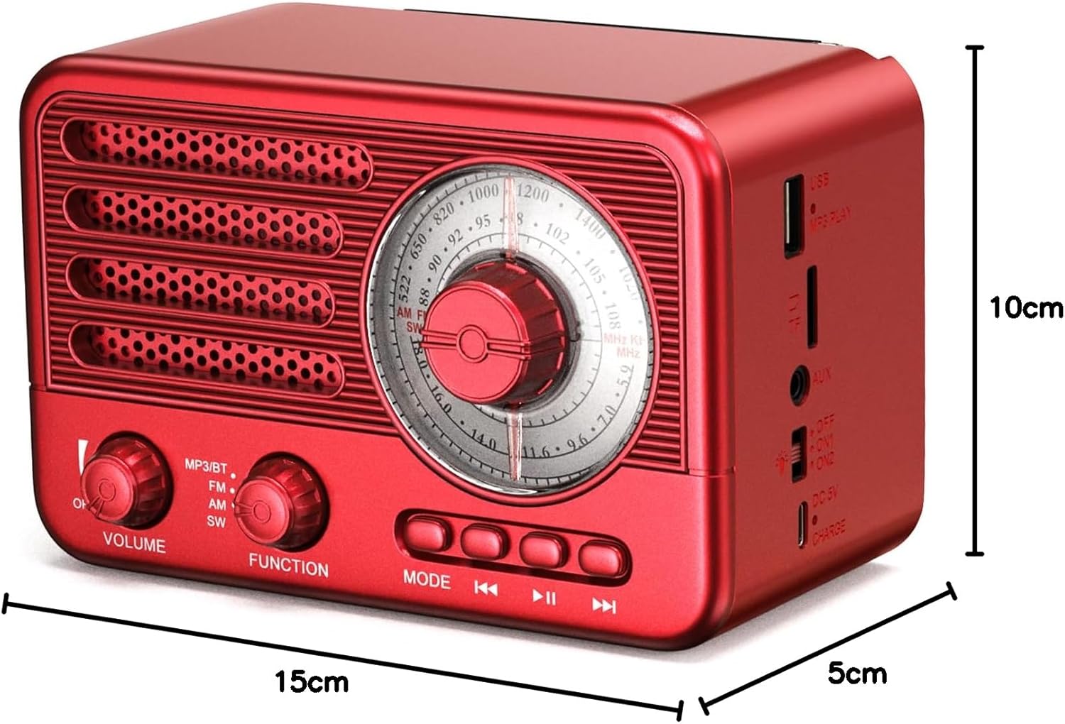 Retro-Transistorradio, batteriebetriebenes AM-FM-SW-Radio, kleiner wiederaufladbarer tragbarer MP3-Player mit Unterstützung für TF-Karte/Aux/USB (rot) – Bild 8