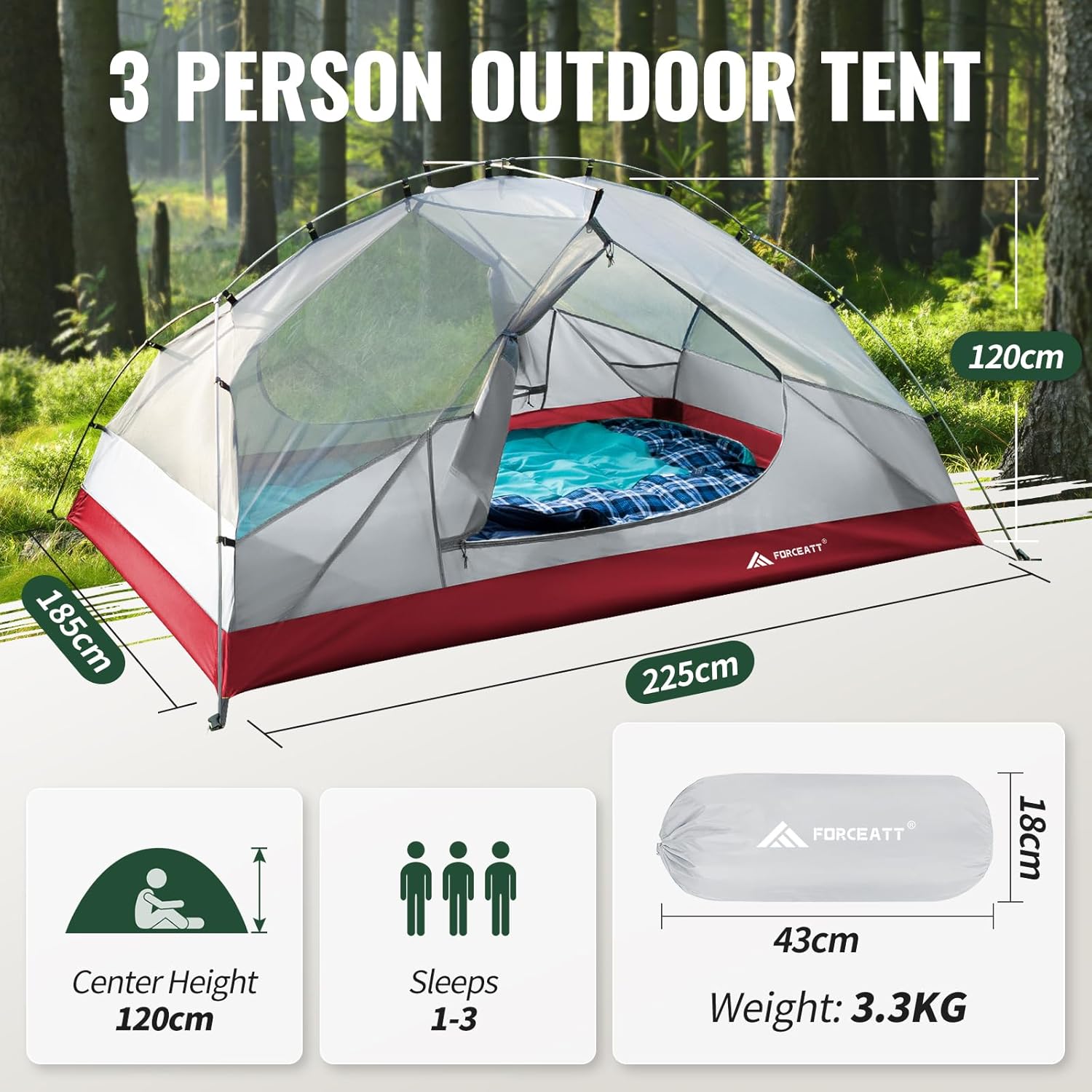 Forceatt Zelt 2–3 Personen Campingzelt, 2 Türen wasserdicht und winddicht, 3–4 Jahreszeiten, ultraleichtes Rucksackzelt für Trekking, Camping, Outdoor. – Bild 3
