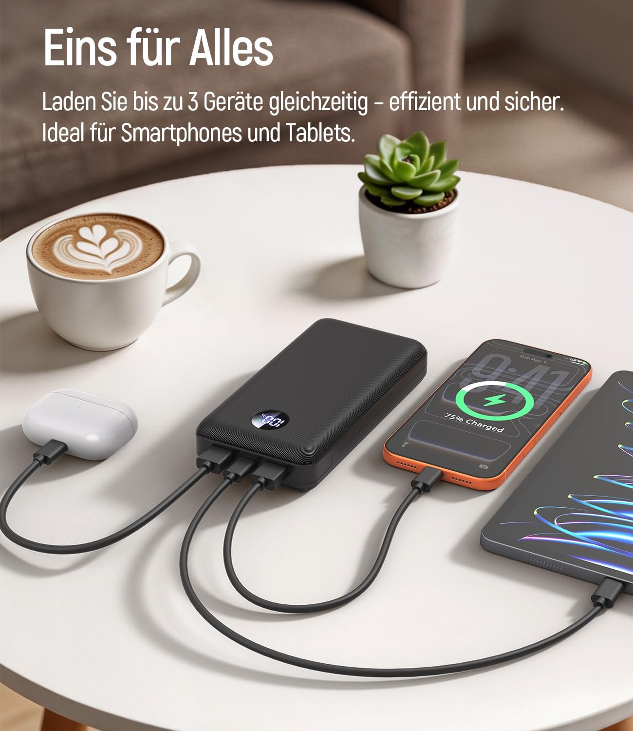 Powerbank 26800 mAh, 22,5 W Schnellladefunktion Externer Akku mit 3 Ausgängen (USB-C 20 W PD 3.0 & QC 3.0 USB-A), Flugzeugzulassung, Kompaktladegerät für iPhone 17 16 15, Samsung, iPad, Carbon – Bild 6