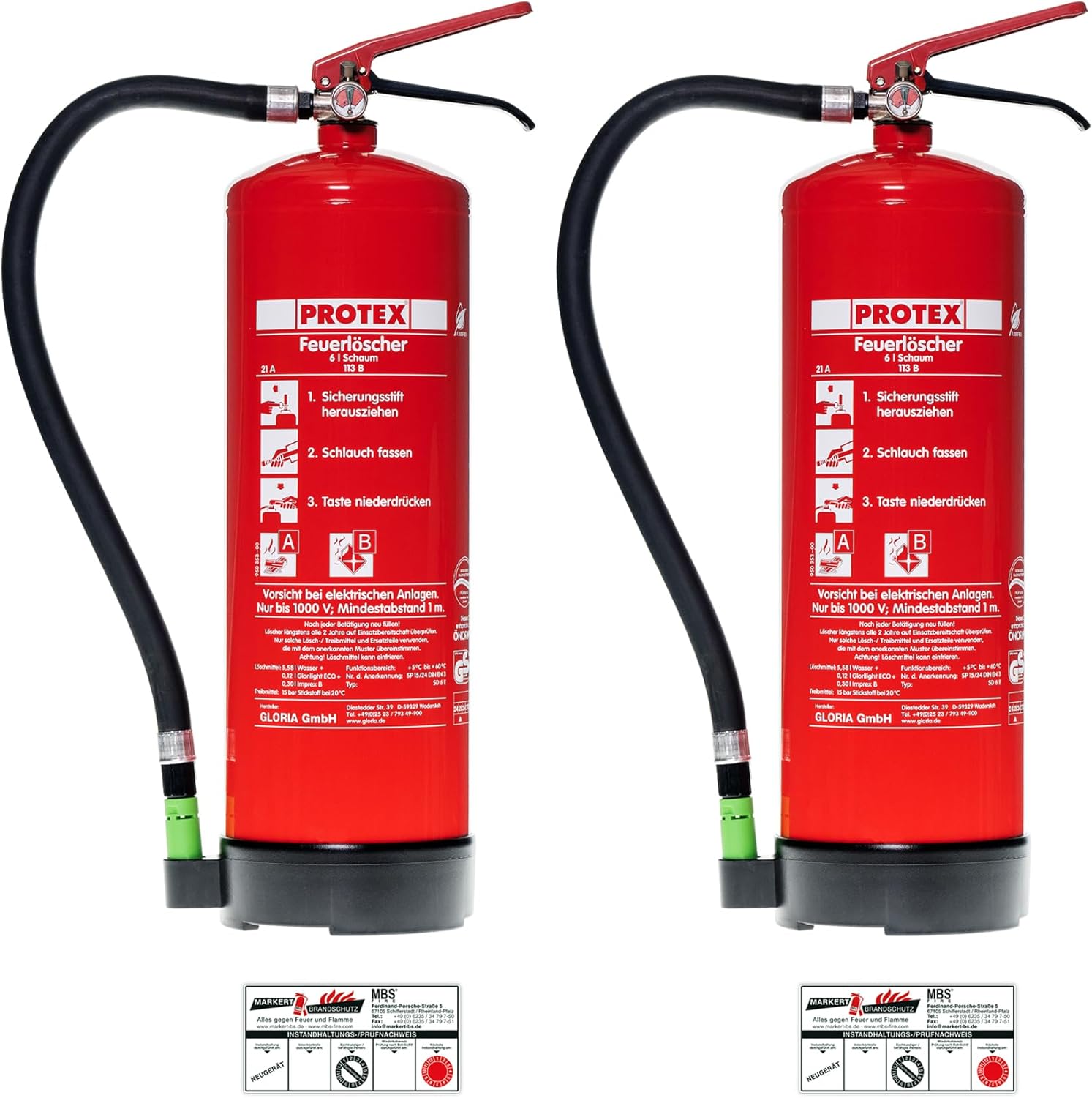 Protex 2 x Schaum-Feuerlöscher SD6 E – 6 Liter – fluorfrei – für Brandklassen A und B – nach DIN EN 3 – 11 kg – mit praktischer Halterung – mit Prüfplakette – hergestellt in der EU