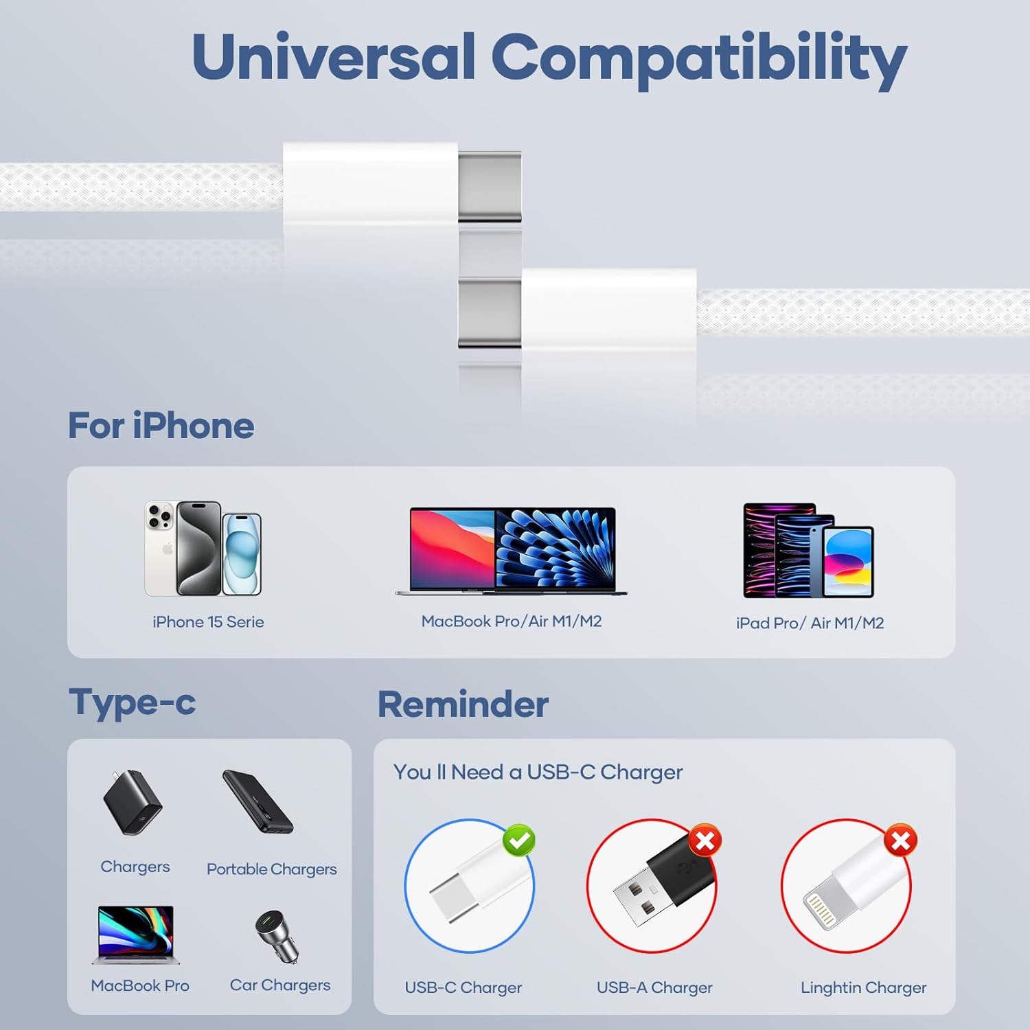 USB-C auf USB-C Kabel, 2x 1,8 m USB-C Kabel, 60 W Schnellladekabel PD3.0 USB-C Ladekabel für iPhone 17/16/15/15Pro, Samsung S24/S23/S22, Google Pixel, Huawei, OnePlus, LG, Xiaomi, Sony usw – Bild 7