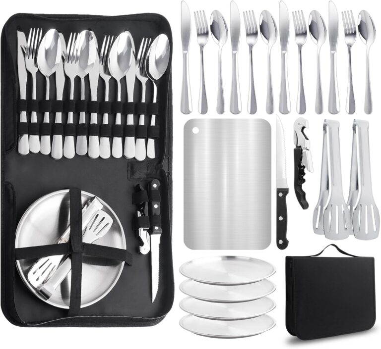 Campinggeschirr-Set für 4 Personen, 22-teiliges tragbares Campingbesteck-Set, Besteck Camping mit Löffel, Gabel, Messer, Tellerklammer, Schneidebrett aus Edelstahl 304, Bestecktasche für Picknick, Reisen
