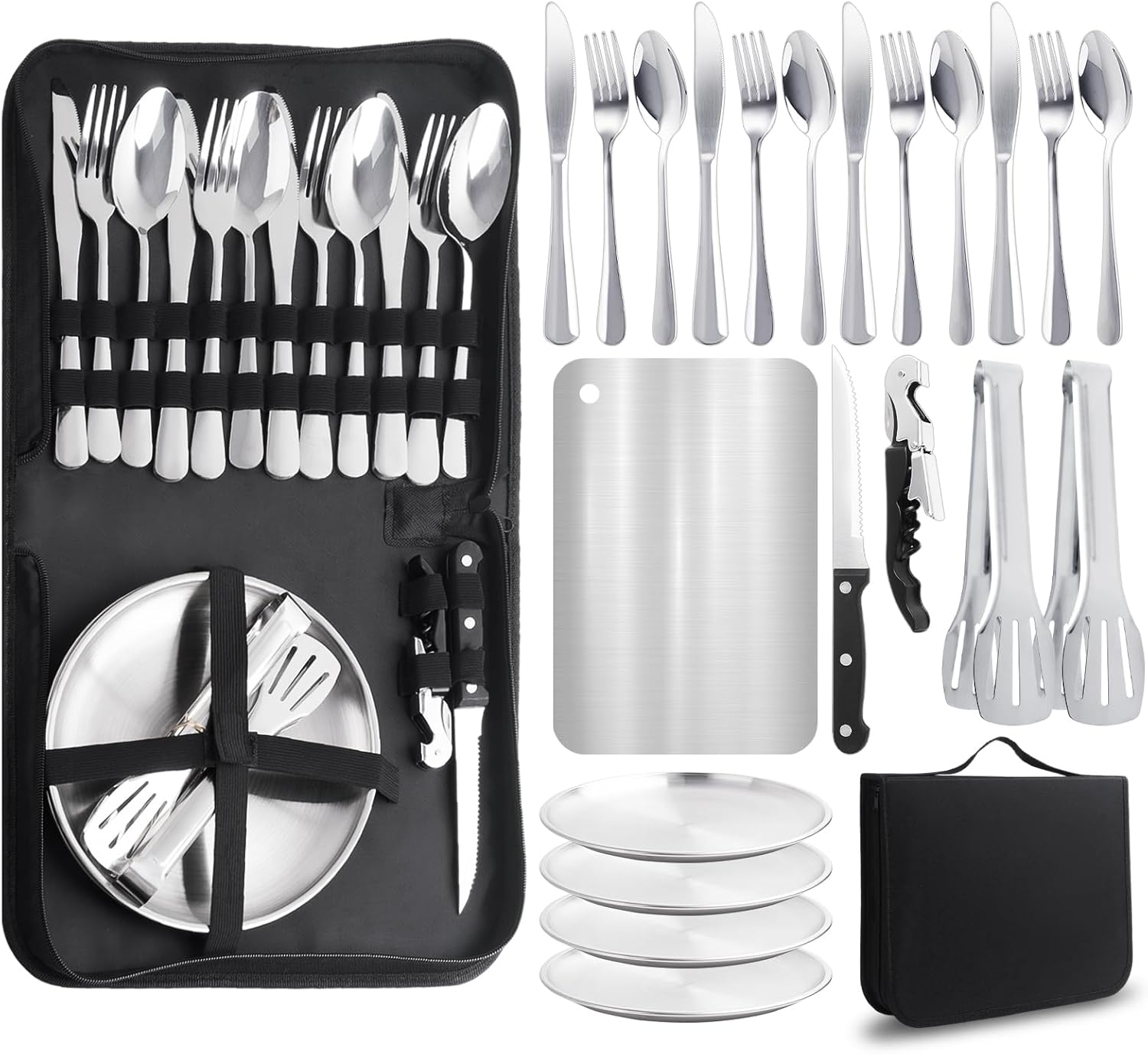 Campinggeschirr-Set für 4 Personen, 22-teiliges tragbares Campingbesteck-Set, Besteck Camping mit Löffel, Gabel, Messer, Tellerklammer, Schneidebrett aus Edelstahl 304, Bestecktasche für Picknick, Reisen
