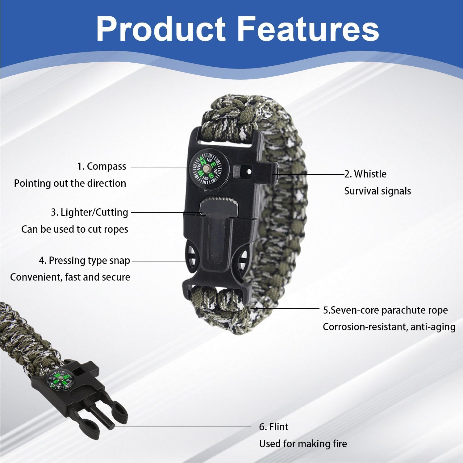 Survival-Armband mit Kompass und Feuerstarter, 3,6 m Regenschirmseil für den Außenbereich | Notfallmesser, Pfeife, Paracord-Ausrüstung, für Wandern, Camping und Expeditionen, komplettes Survival-Set – Bild 3