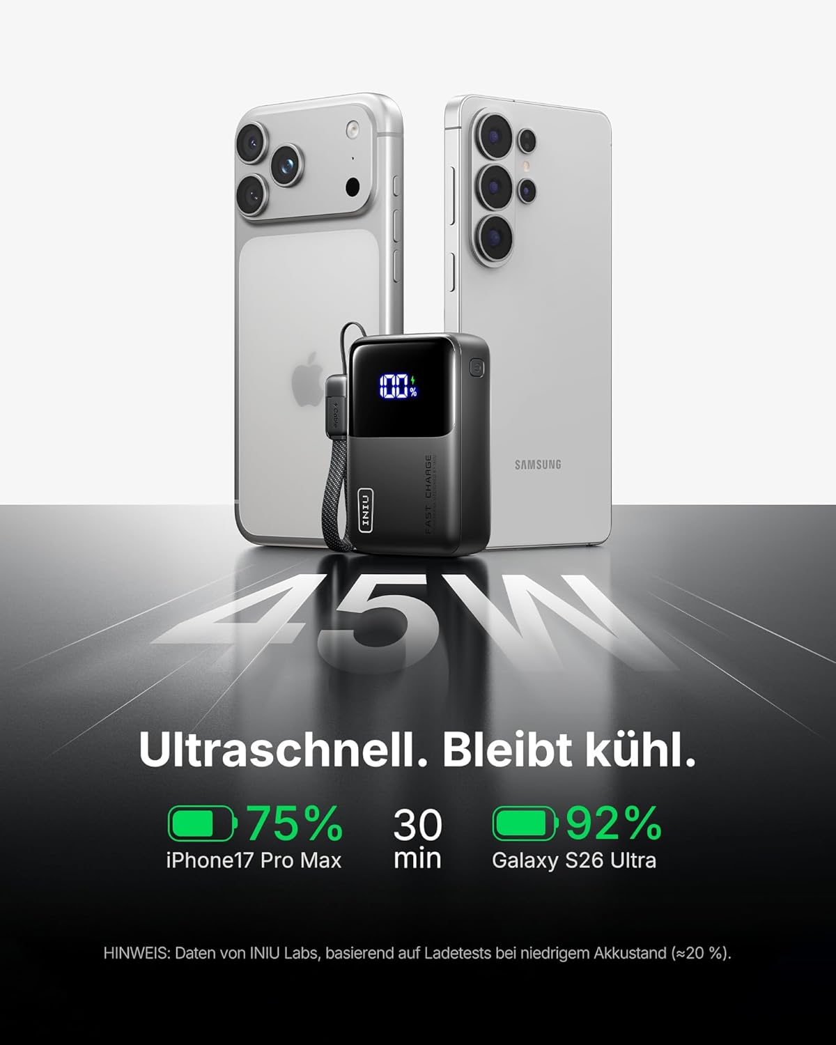 INIU Powerbank, Ultra Mini 45W Schnellladung 10000mAh Powerbank mit angeschlossenem USB-C-Kabel, flugsichere externe Handy-Akkus, Travel Essential für iPhone 17 16 Pro, Samsung S25, Xiaomi, iPad usw – Bild 3