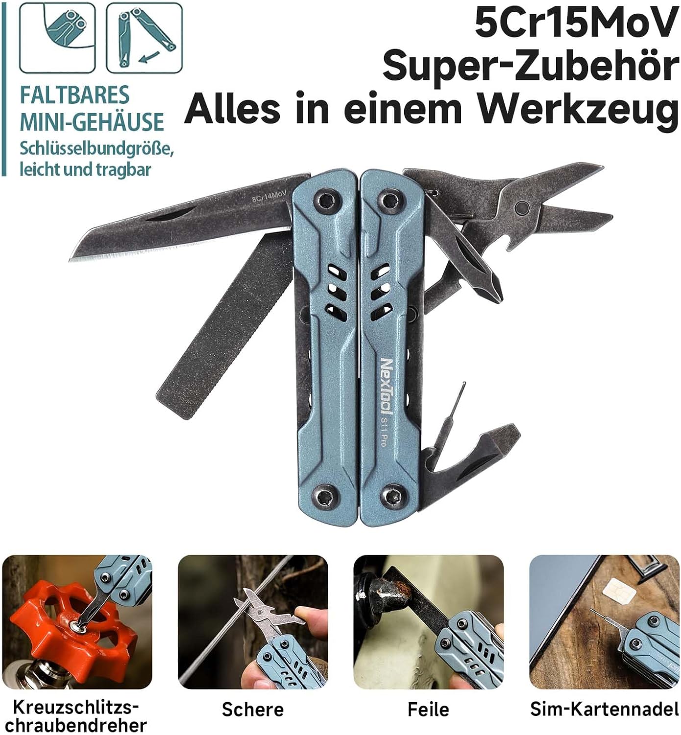 NexTool Multitool Mini Sailor S11 Pro, 12-in-1-Multitool, kompaktes EDC-Werkzeug mit verbesserten Materialien aus Edelstahl, Camping und Wandern für Heimwerker, Outdoor und Alltag, Geschenk für Männer, Handwerker und Abenteurer – Bild 5
