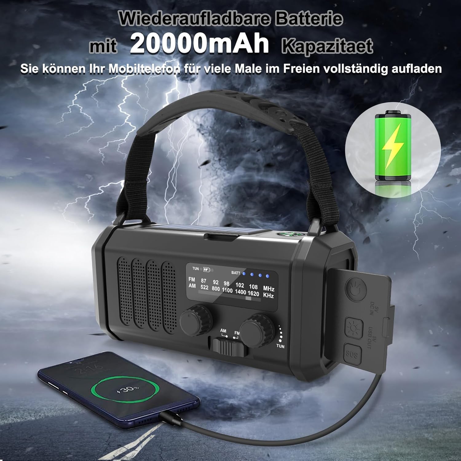 Solarradio, tragbares Kurbelradio, AM/FM-Notfallradio mit 10000/20000 mAh wiederaufladbarer Powerbank, 3 Modi LED-Taschenlampe, SOS-Alarm, USB-C-Handy-Aufladung für Camping im Freien (schwarz, 20000 mAh) – Bild 3