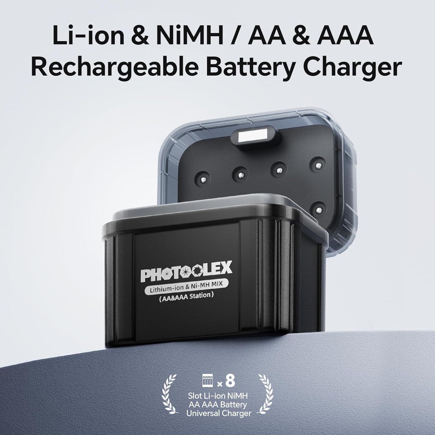 PHOTOOLEX AA/AAA Akku-Ladegerät für NiMH- und Lithium-Akkus, wiederaufladbares Akku-Hybrid-Ladegerät mit intelligenter LED-Anzeige, 4 AA- und 4 AAA-Ladeschächten und Schnellladefunktion – Bild 4