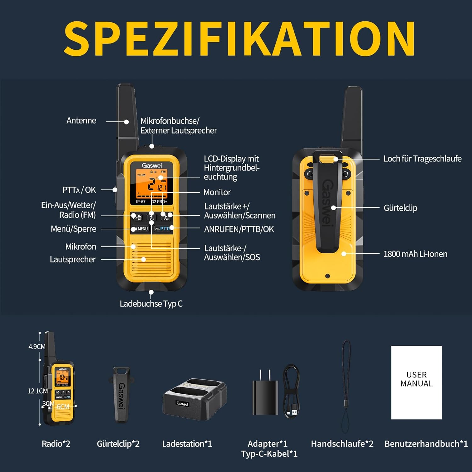 Gaswei G2Pro Professionelle Walkie-Talkies für Erwachsene, IP67, wasserdicht und schwimmfähig, Langstreckenradio mit Doppel-PTT, VOX, SOS, UKW-Radio + Akku für den Außenbereich, 1er-Set in Gelb – Bild 7