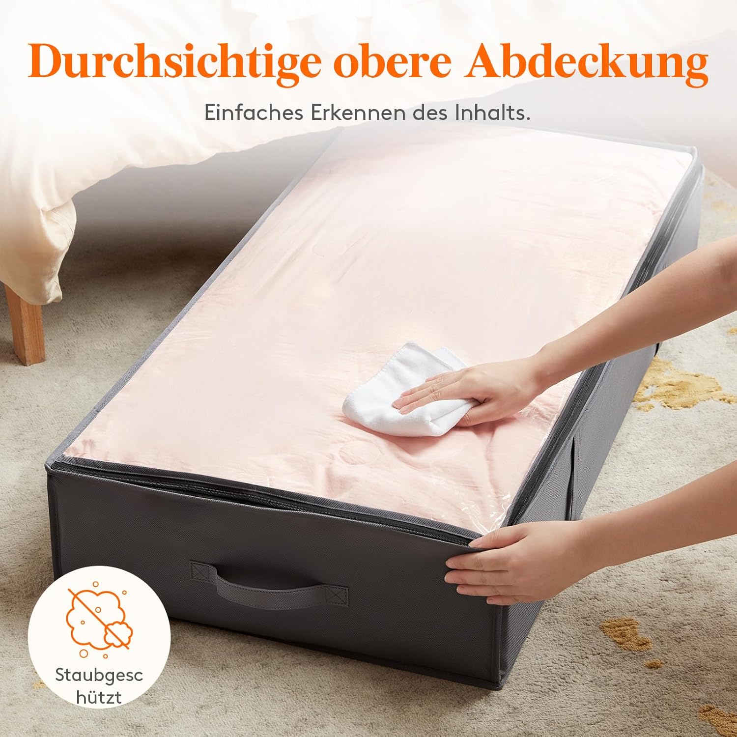 Lifewit Aufbewahrungstasche, Unterbett-Aufbewahrungstasche, Transporttasche, Umzugstaschen, Aufbewahrungsbox mit Deckel, faltbare Kleideraufbewahrung für Bettdecken, Kleidung, grau, 4 Stück, 95 l – Bild 6