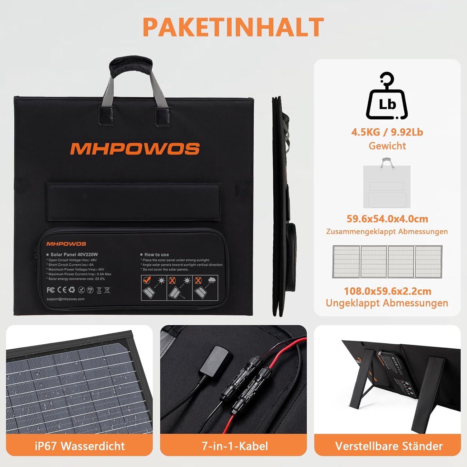 110 W tragbares Solarpanel, IP67 wasserdichtes faltbares Solarpanel-Kit mit 20 V Ausgang, 23,5 % Effizienzmodul für Outdoor-Camping, tragbares Kraftwerk, Laptops, Wohnmobil, Wohnmobil – Bild 5