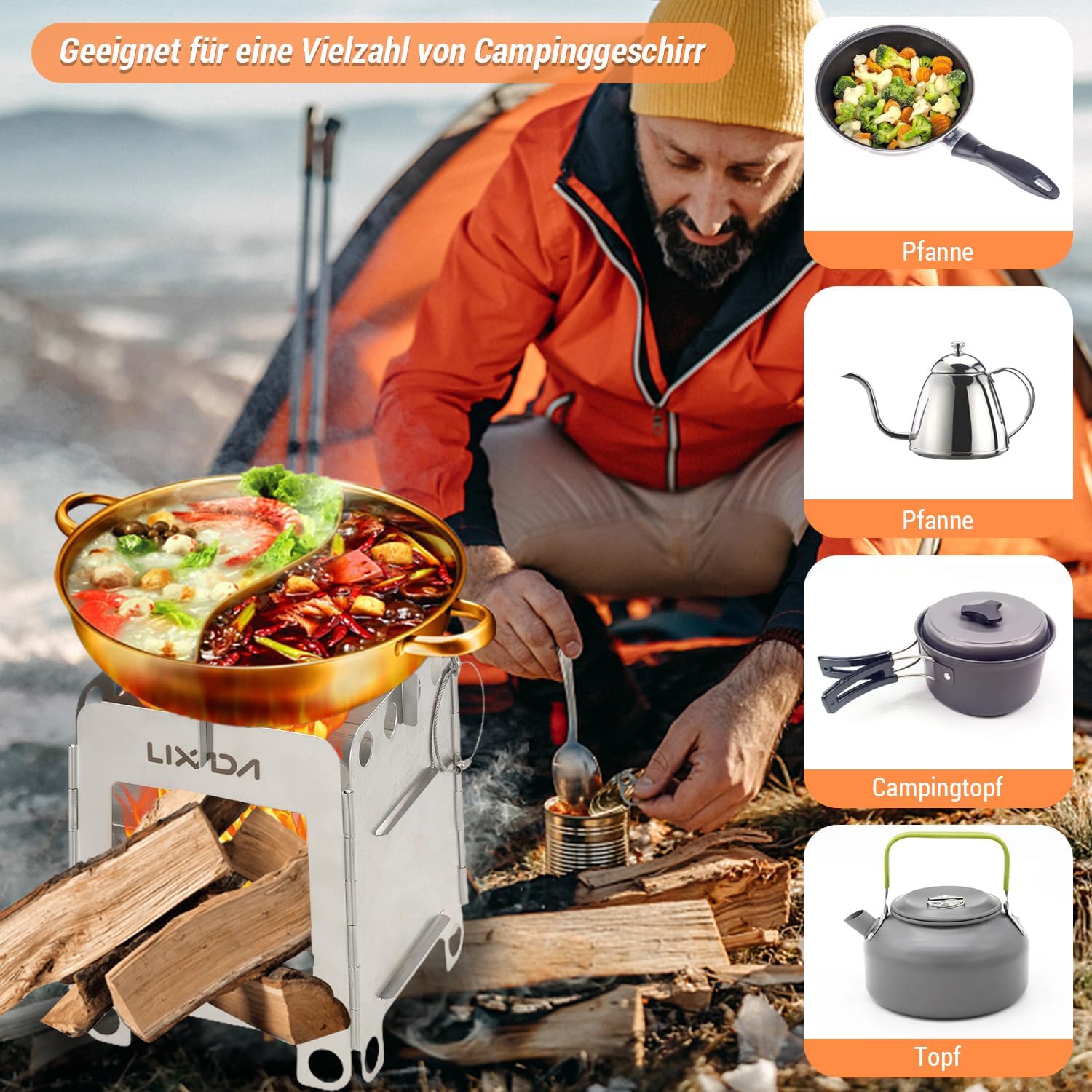 Lixada Tragbarer Campingkocher, zusammenklappbarer Campingkocher, Holzofen, leichter Taschenkocher, Rucksackkocher mit Tasche – Bild 2