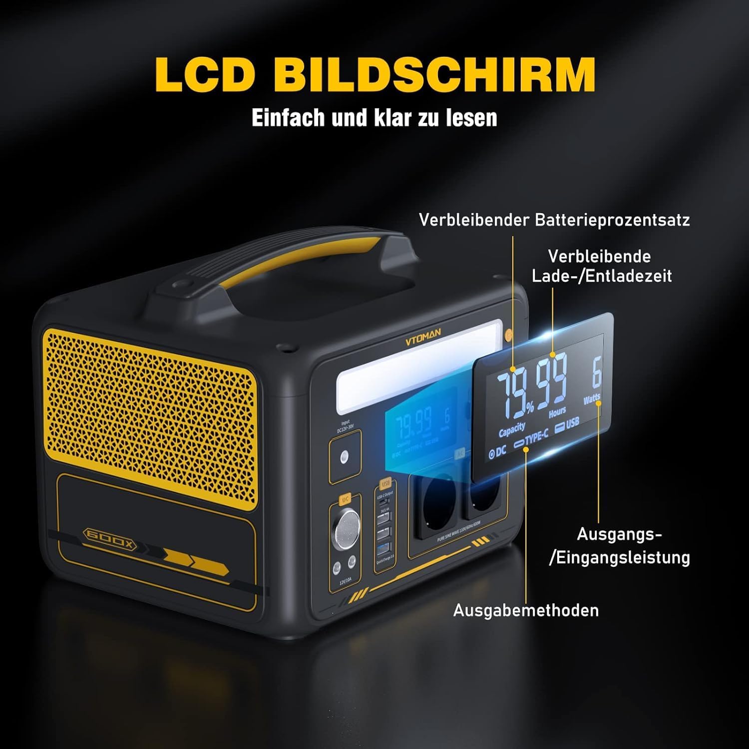 VTOMAN Jump 600X Tragbares Kraftwerk 600 W – 299 Wh Solargenerator LiFePO4 Batterie Stromerzeuger mobil mit 2 x 600 W (1200 W Spitze), erweiterbare Kapazität für Camping, Wohnmobil, Notfall – Bild 10