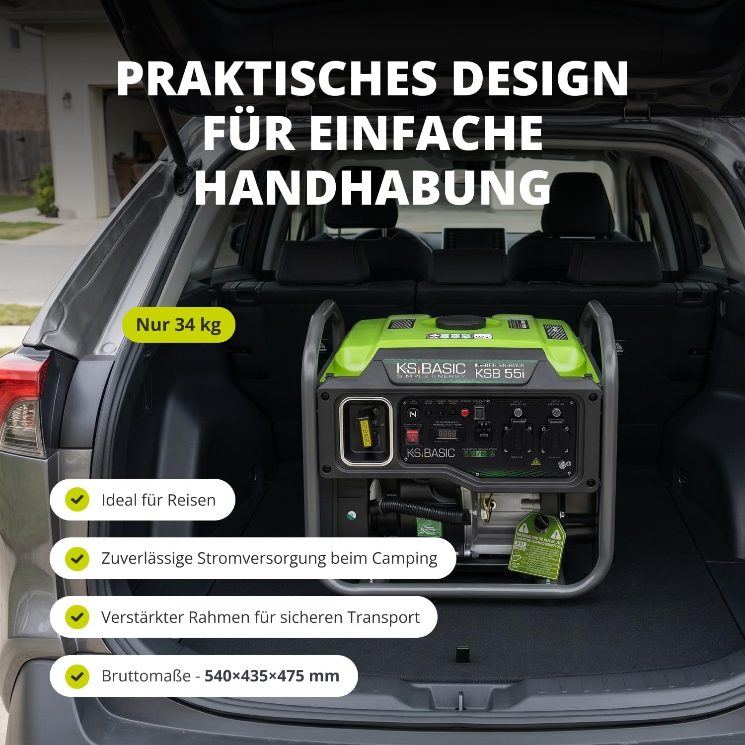 K&S Basic 30i Inverter-Generator 2800 W, 3000 W maximal, kompakter Notstromgenerator Benzin, reine Sinuswelle, Stromerzeuger mit Eco-Modus, für Heim-, Camping- und Werkstattarbeiten, Euro 5 – Bild 7