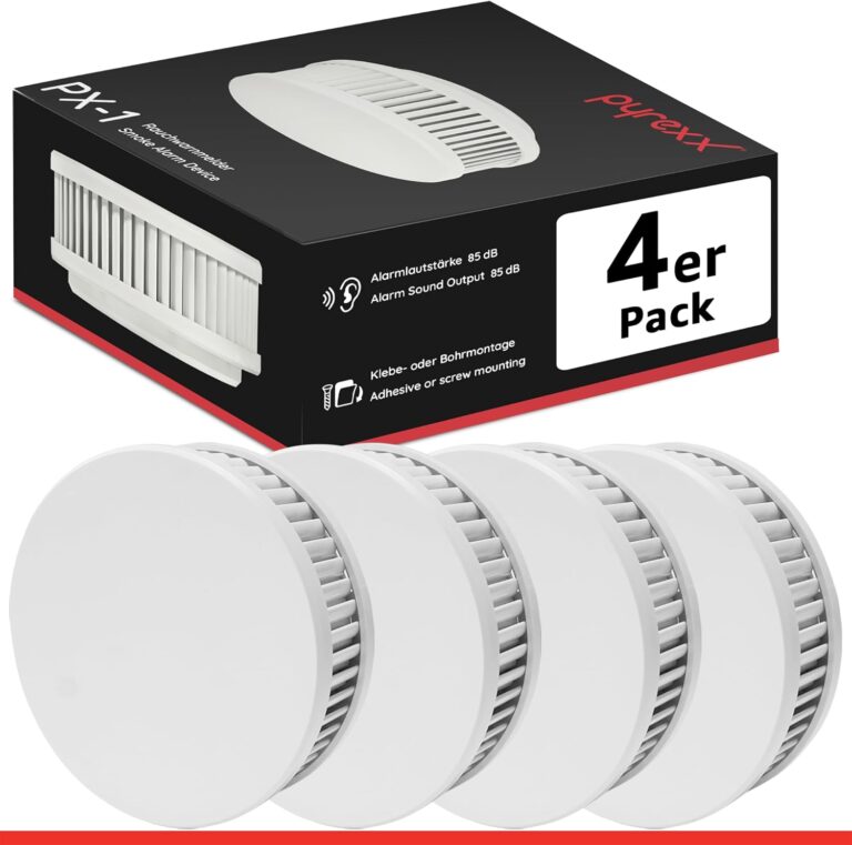 Pyrexx PX-1 Rauchmelder – 4er-Pack – 10-Jahres-Batterie mit Magnethalterung ohne Bohren und LED-Blinken, zertifiziert nach Q-Label, weiß