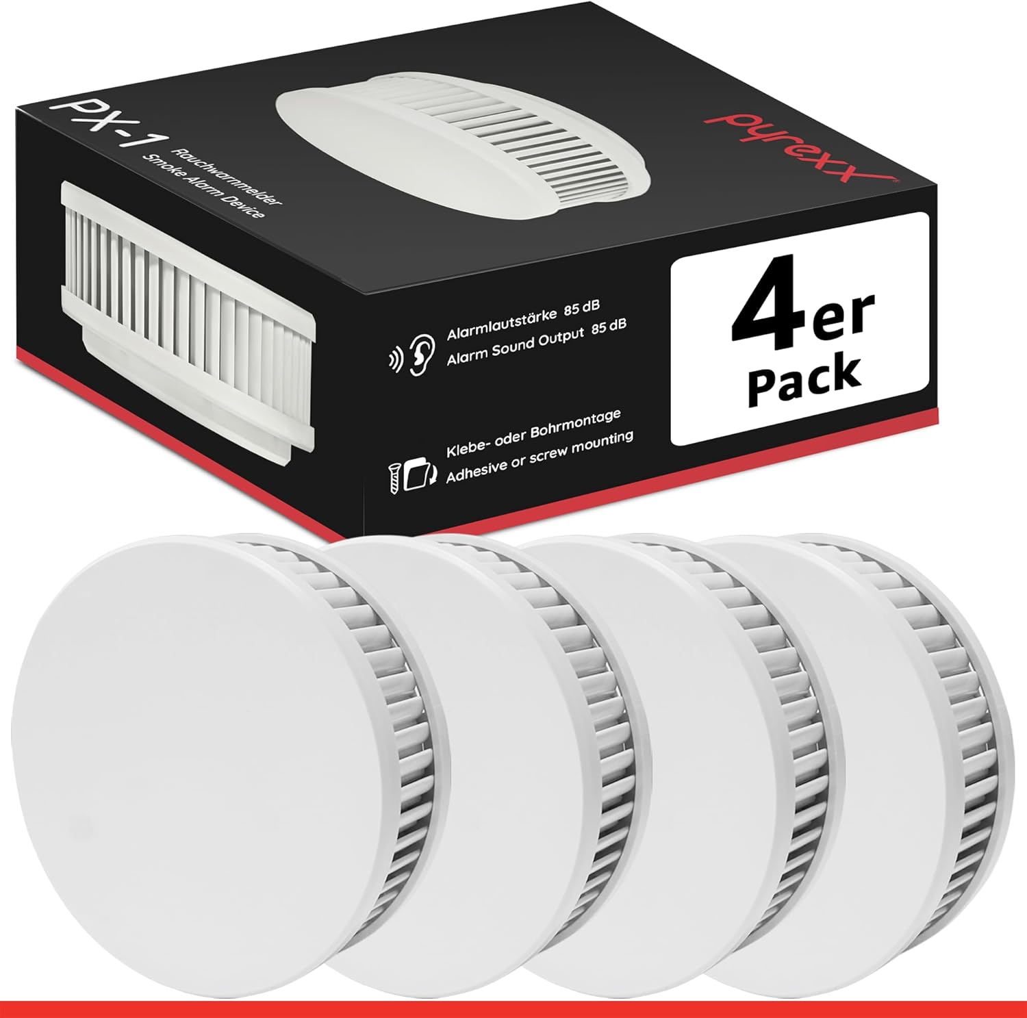Pyrexx PX-1 Rauchmelder – 4er-Pack – 10-Jahres-Batterie mit Magnethalterung ohne Bohren und LED-Blinken, zertifiziert nach Q-Label, weiß