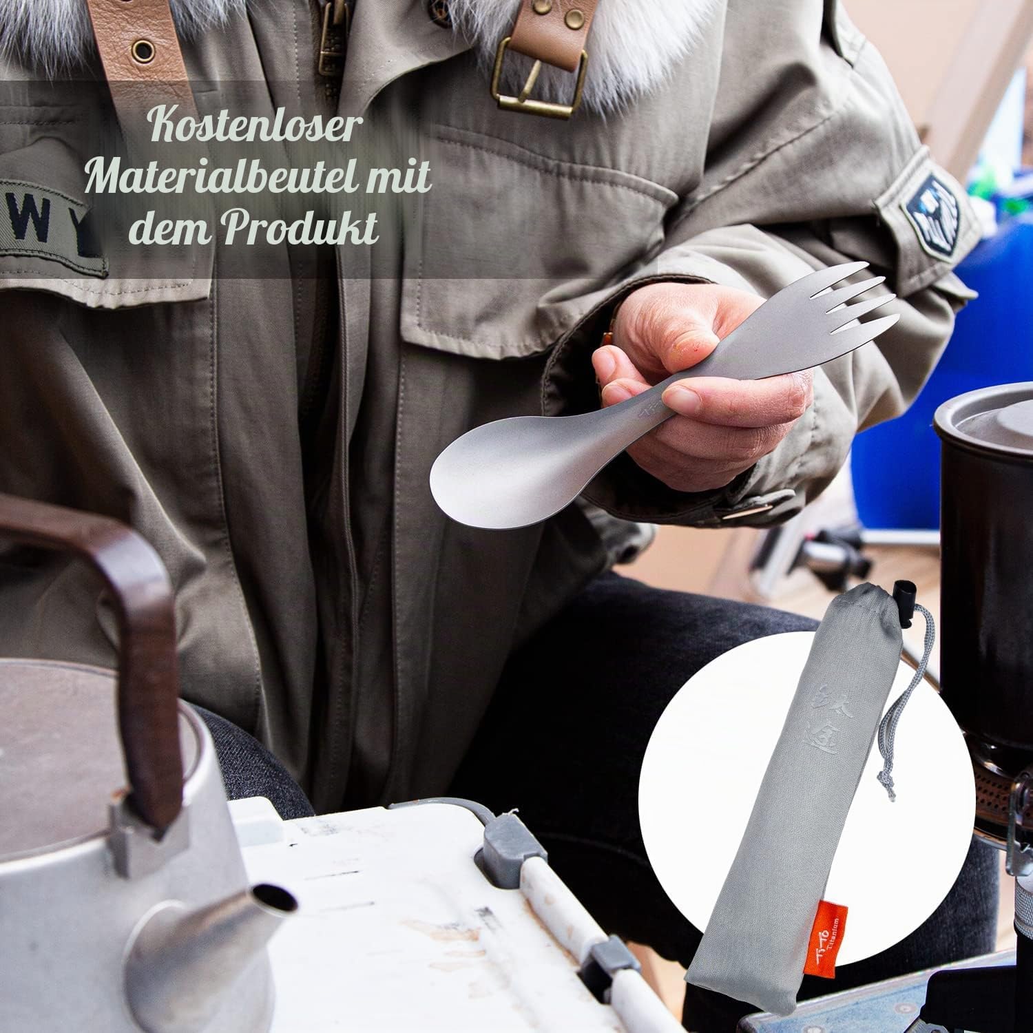 TITO Titan-Löffel mit hochfestem und ultraleichtem Titan-Göffel mit Löffel und Gabel 2-IN-1 für Outdoor-Camping und Wandern. Willkommen für anpassbares Logo – Bild 7