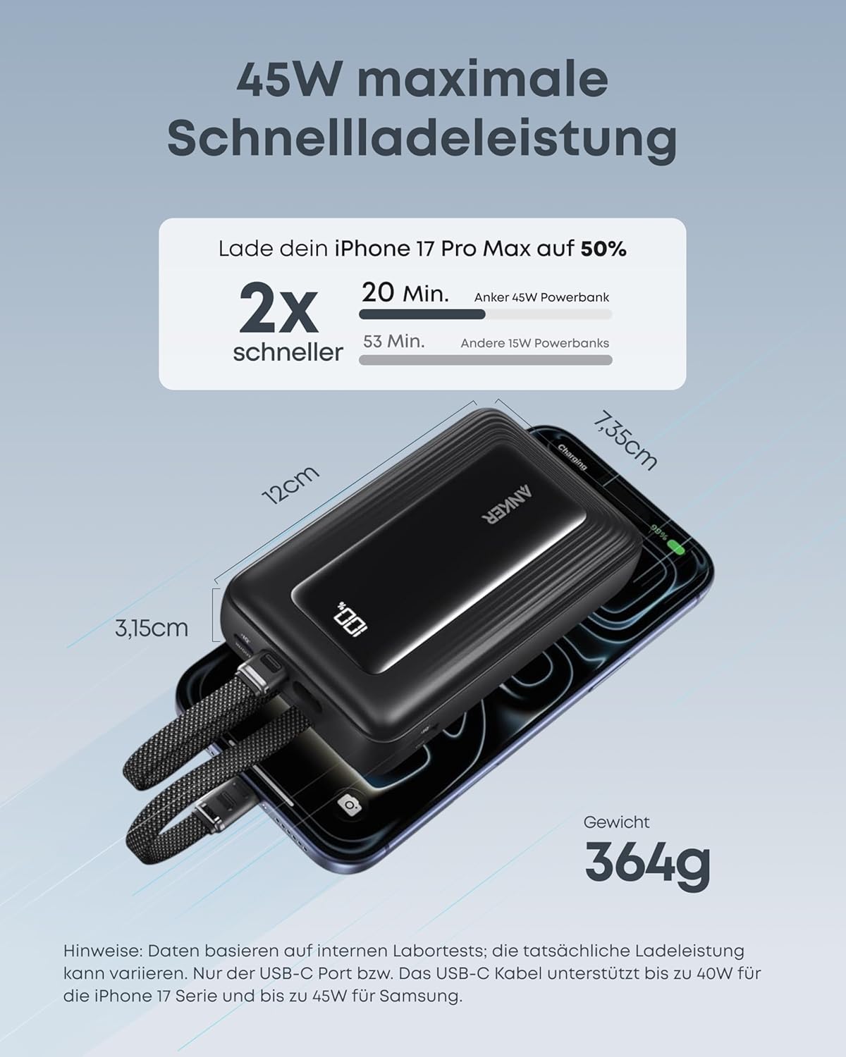 Anker Zolo Powerbank (Upgrade 2025), 45 W Schnellladung, 20000 mAh Akku, zwei integrierte USB-C-Kabel, 1 USB-C- und 1 USB-A-Anschluss, für iPhone 17/16-Serie, Galaxy, MacBook und mehr – Bild 3