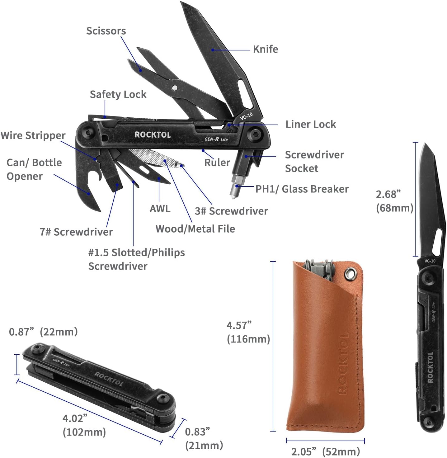 ROCKTOL Multitool Gen-R Lite, EDC-Taschenmesser VG10-Klinge, kompaktes 15-in-1-Multitool mit Schraubendreher, großer Schere, Glasbrecher, Lederscheide, leicht für Wandern, Camping – Bild 7
