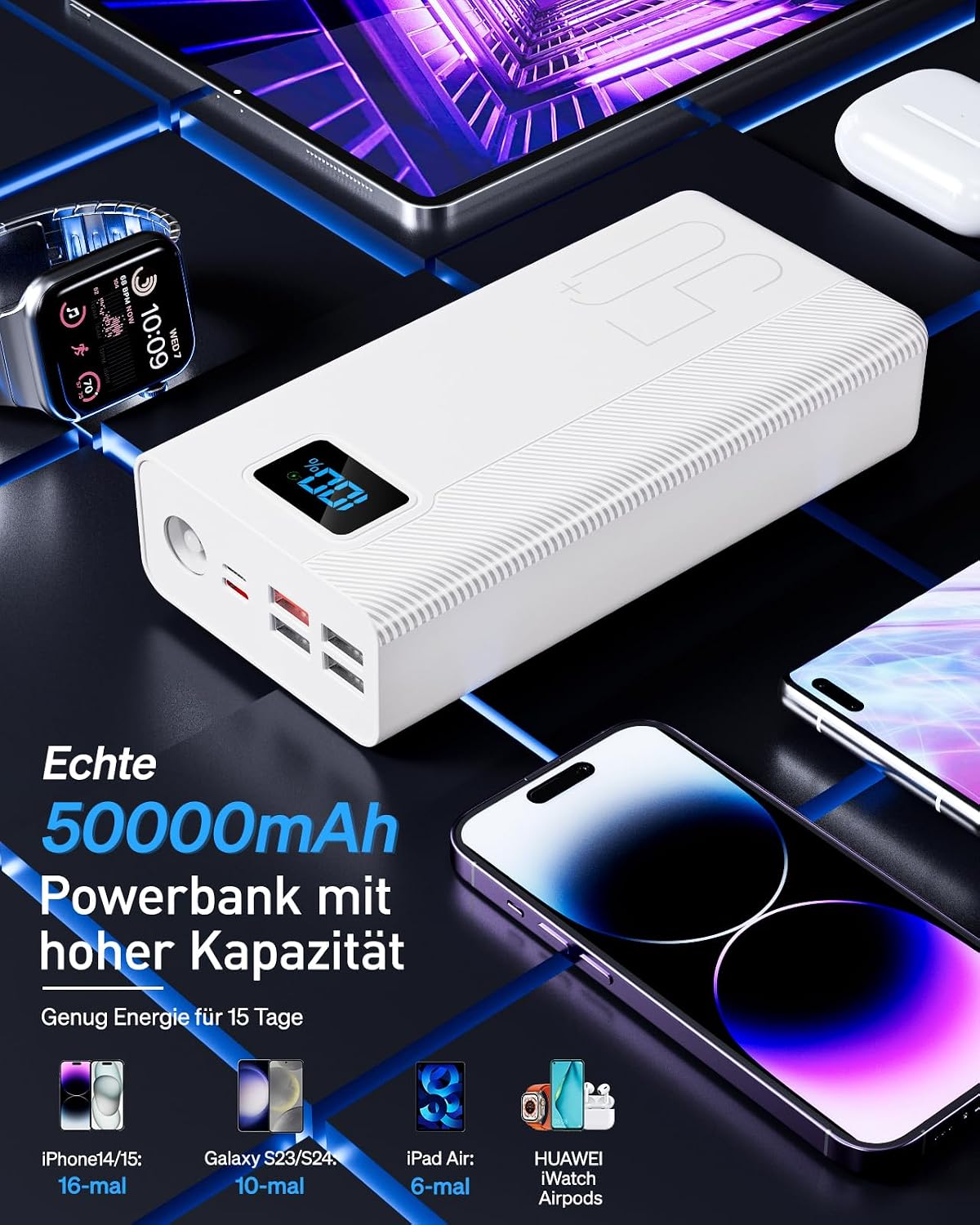 50.000 mAh Powerbank: Externer Akku mit großer Kapazität, 22,5 W Schnellladung sowie 5 Ausgängen und 3 Eingängen für MP3-Player – Bild 2