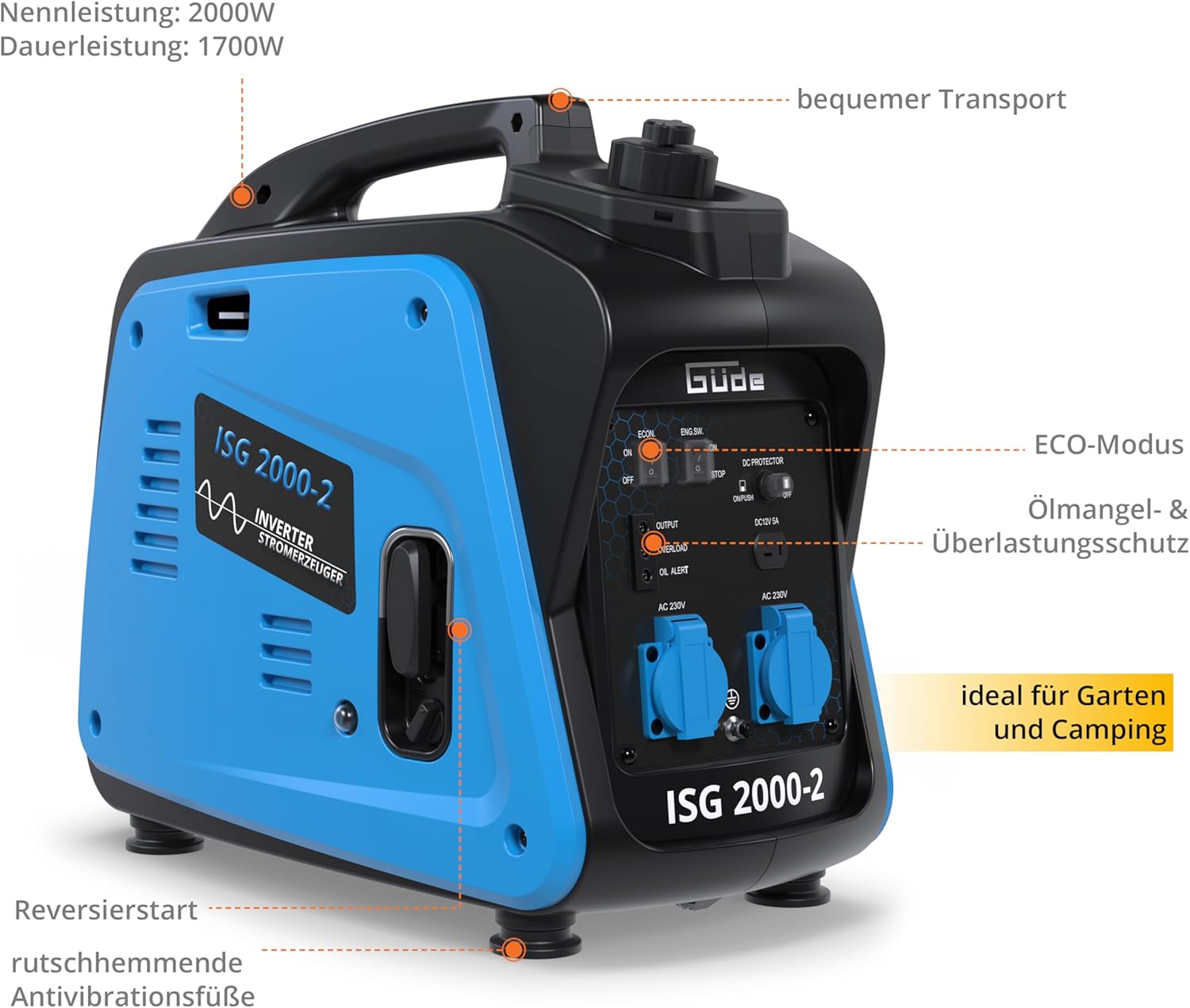 Güde Inverter-Stromerzeuger ISG 2000-2 (4-Takt-OHV-Benzinmotor, 2,11/2,86 (kW/PS), max. 2000 W, 2x 230 V, Laufzeit bis zu 5,9 h, Tankinhalt 4,1 l, Überlastschutz, Eco-Funktion, Antivibrationsfüße) – Bild 8