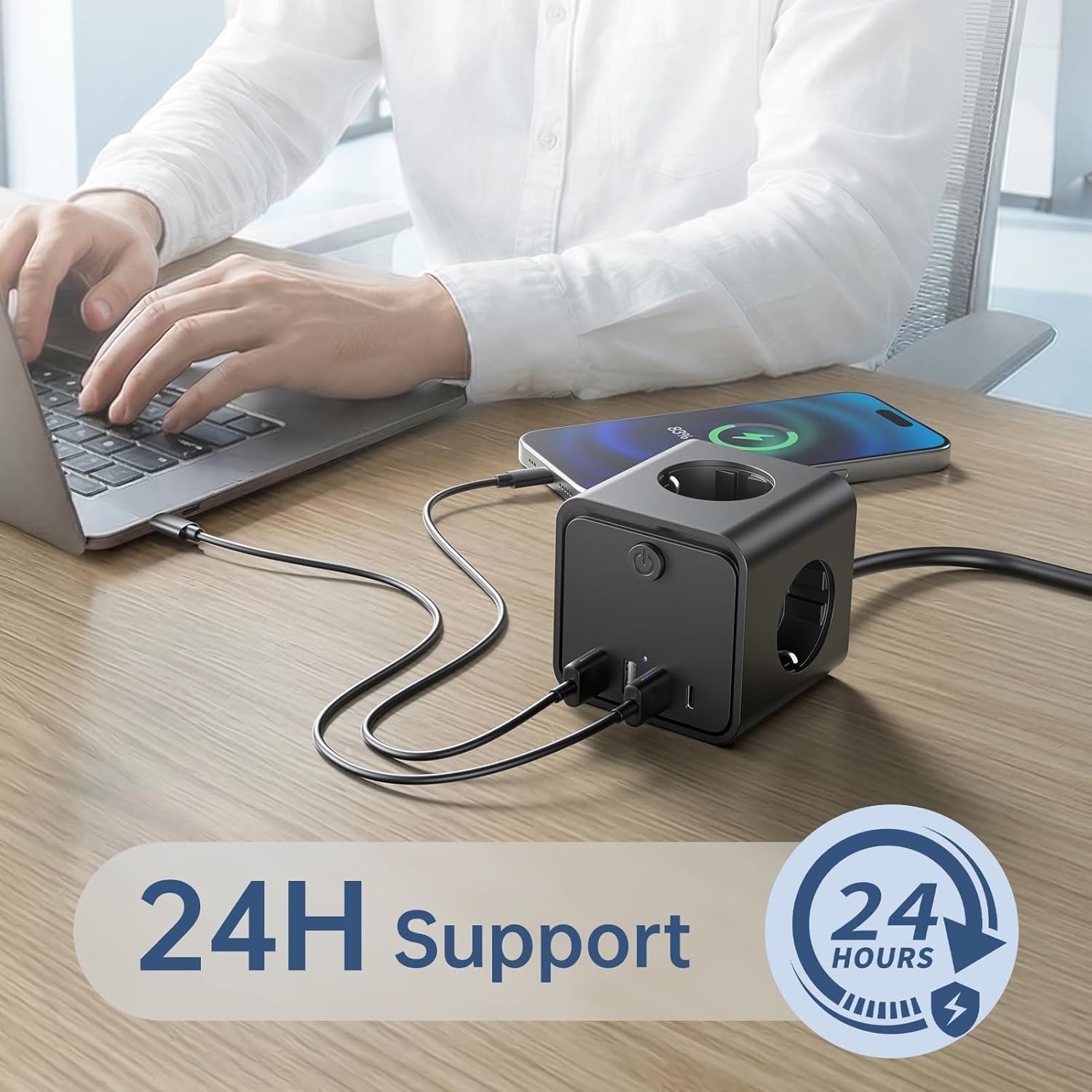 Steckdosenwürfel mit USB, 7-in-1 Steckdosenleiste mit schaltbar, 3-fach Mehrfachsteckdose mit 4 USB, Mehrfachstecker mit Energiesparschalter, 2 m Verlängerungskabel für Büro, Zuhause – Bild 6