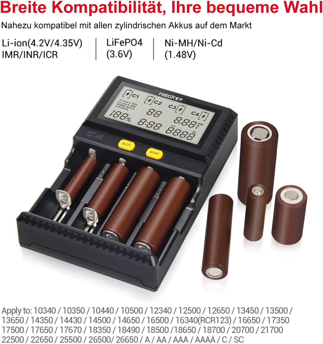 Universal-Akkuladegerät, 18650 Akkuladegerät mit 4 Steckplätzen, LCD-Display Akkus Ladegerät für Li-Ion LiFePO4 NI-MH NI-Cd AA AAA C 18350 18500 18700 20700 21700 26650 RCR123 – Bild 2