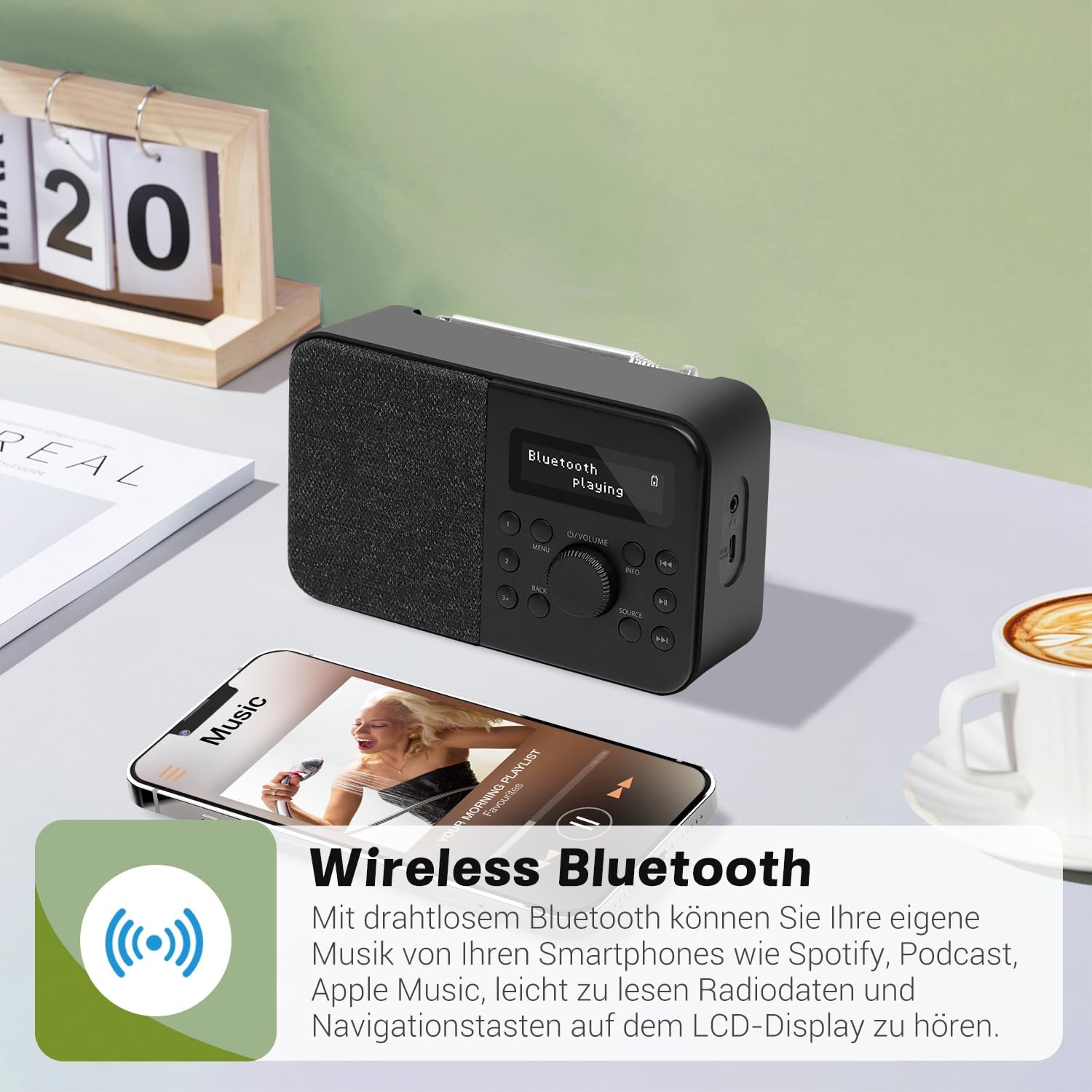 PR2S Tragbares DAB+-Digitalradio, UKW-Radio für die Küche, Bluetooth-Lautsprecher, persönliches DAB-Radio, Display, Wecker und Uhr, 40 voreingestellte Sender, Kopfhöreranschluss, Schwarz – Bild 5