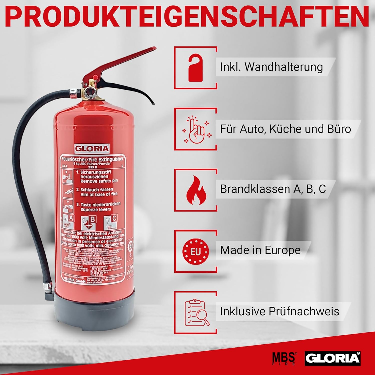 Gloria Pulverlöscher PD 6 GA – 6 kg Dauerdrucklöscher – Brandklasse A, B, C – inklusive Wandhalterung – Bild 2