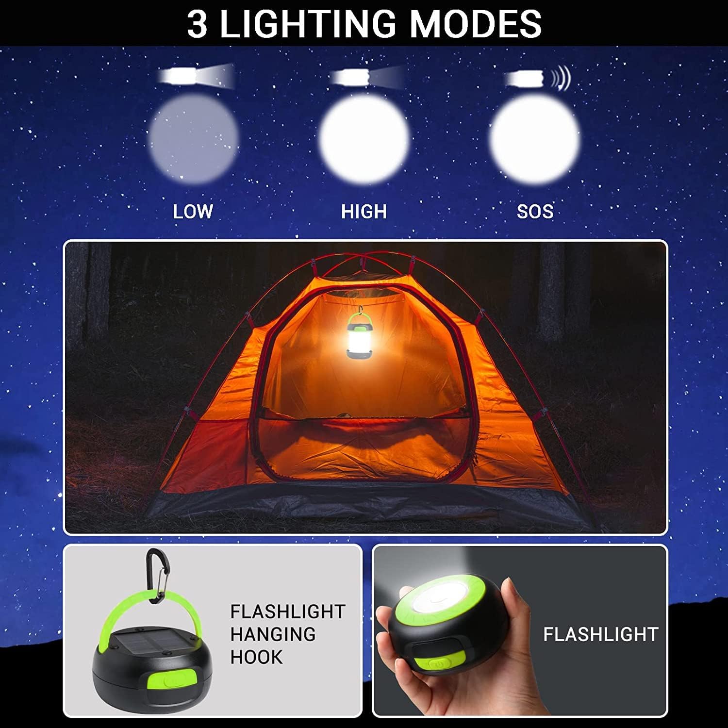 GlobaLink LED-Campinglampe, faltbare Solar-Campinglaterne, Energiebank mit 2 Lademethoden (Solar/USB) und 3 Lichtmodi für Camping, Angeln, Notfall, inklusive Survival-Armband mit Pfeife (grün) – Bild 5
