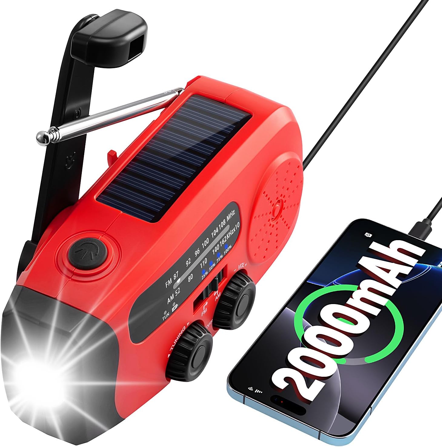 Kurbelradio, 2000 mAh Notfallradio Solarradio Power Bank, AM/FM Radio Batteriebetriebene Notfallausrüstung mit USB-Handy-Ladegerät und Taschenlampe, SOS-Alarm für Überleben, Ourdoor, Camping