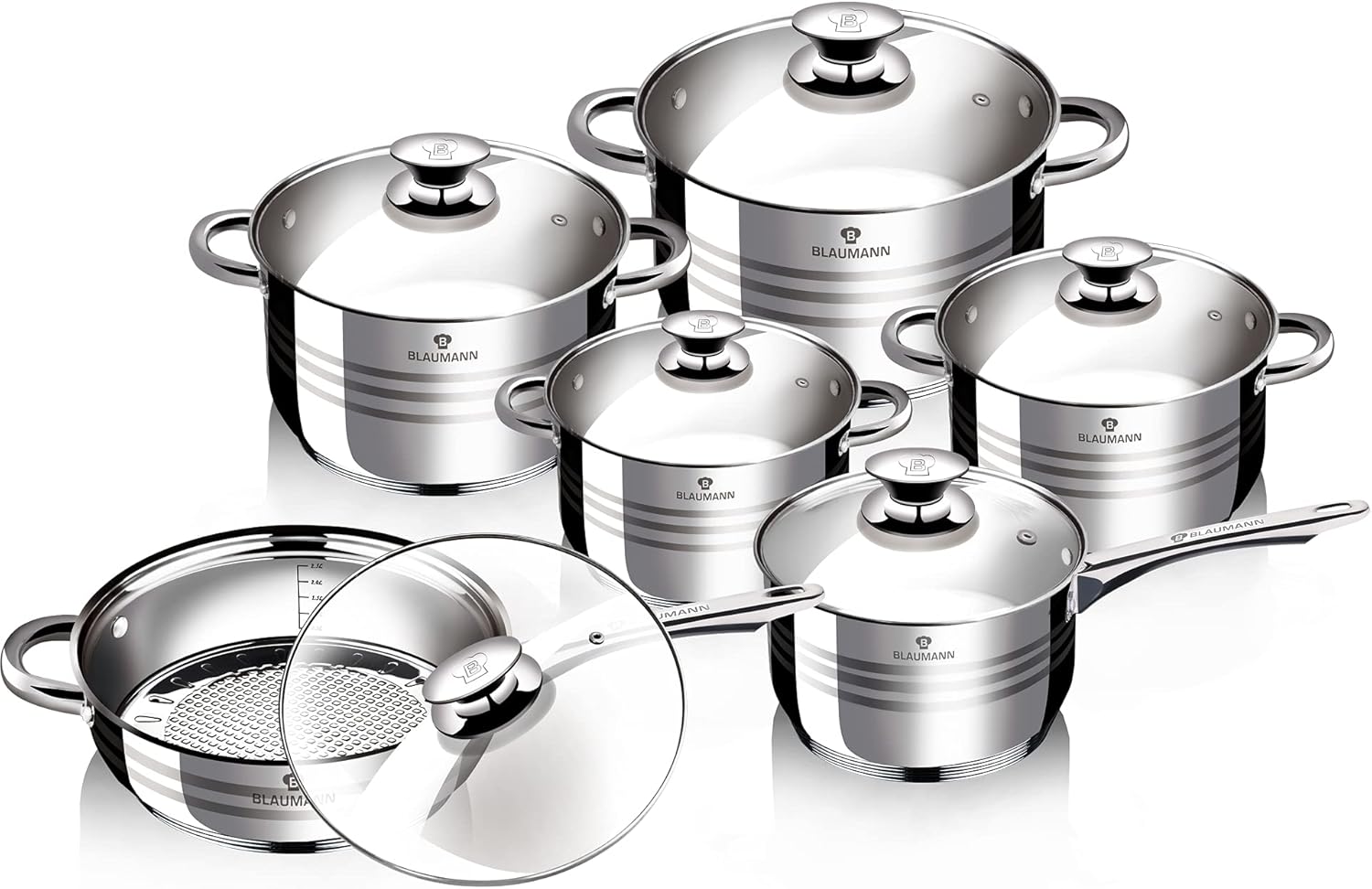 Smhline 12-teiliges Topfset, Kochtopf-Set, geeignet für Induktionsherde, Edelstahl-Kochgeschirr, Pfannenset, Glasdeckel, Küchensets, Bratpfanne – Bild 2