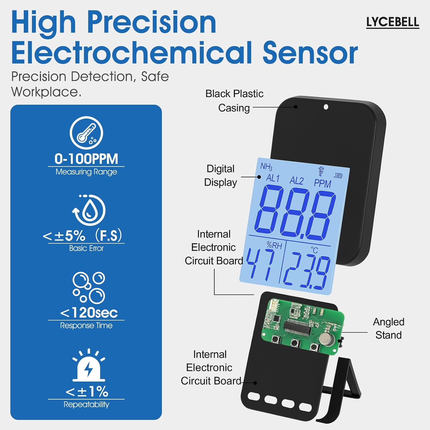 535G Ammoniak-Gasdetektor, NH3-Monitor 0–100 ppm mit Doppelalarm, wiederaufladbarer tragbarer Gasleckdetektor für Bauernhof/Industrie/Zuhause, Temperatur- und Luftfeuchtigkeitsanzeige – Bild 3