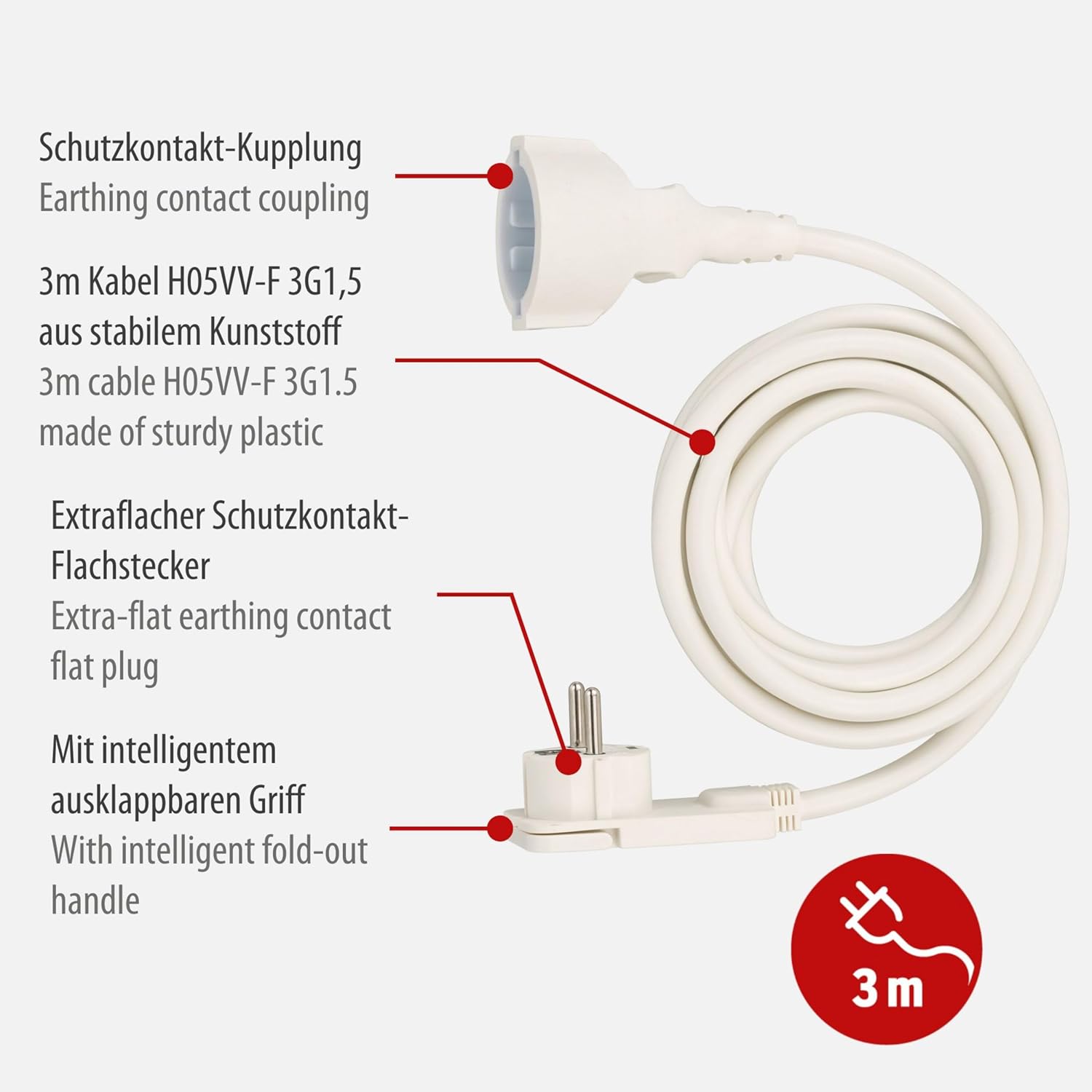Brennenstuhl Qualitäts-Kunststoff-Verlängerungskabel mit Flachstecker (Verlängerungskabel, flach, für den Innenbereich, mit 3 m Kabel), weiß – Bild 2