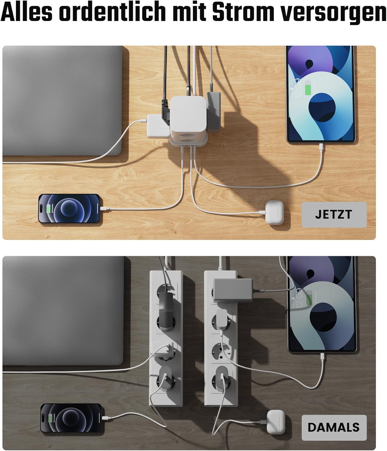 Mehrfachsteckdose Überspannungsschutz, 8-fach Mehrfachsteckdose mit PD 20W USB C, Steckdosenleiste mit Schalter, Steckdosenwürfel mit Verlängerungskabel 2m, 16A/3840W, Weiß – Bild 4
