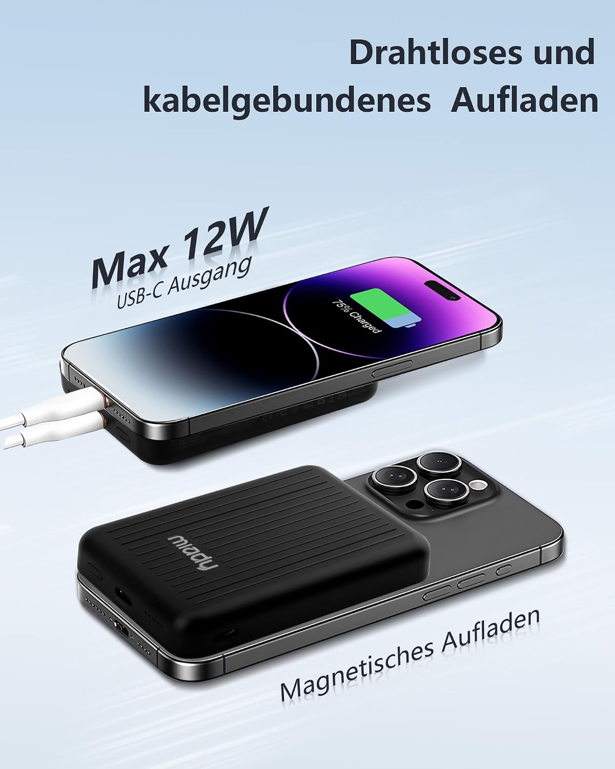 Miady Powerbank für Magsafe, 5000 mAh 5 W kabelloses magnetisches Laden & 12 W USB-C-Schnellladung, ultraschlanke tragbare externe Handy-Akkus, für iPhone 17/16/15/14/13/12/Pro/Pro Max (schwarz) – Bild 4