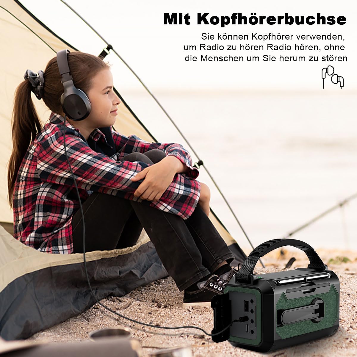 12000 mAh Kurbelradio mit Handy-Ladefunktion, Solar, 2 Solarpanels, AM/FM-Radio-Kurbel-Notfall, 3 Lademethoden, 7-in-1 tragbares Notfallradio, SOS, Taschenlampe, Kopfhöreranschluss, Kompass, Leselampe – Bild 7
