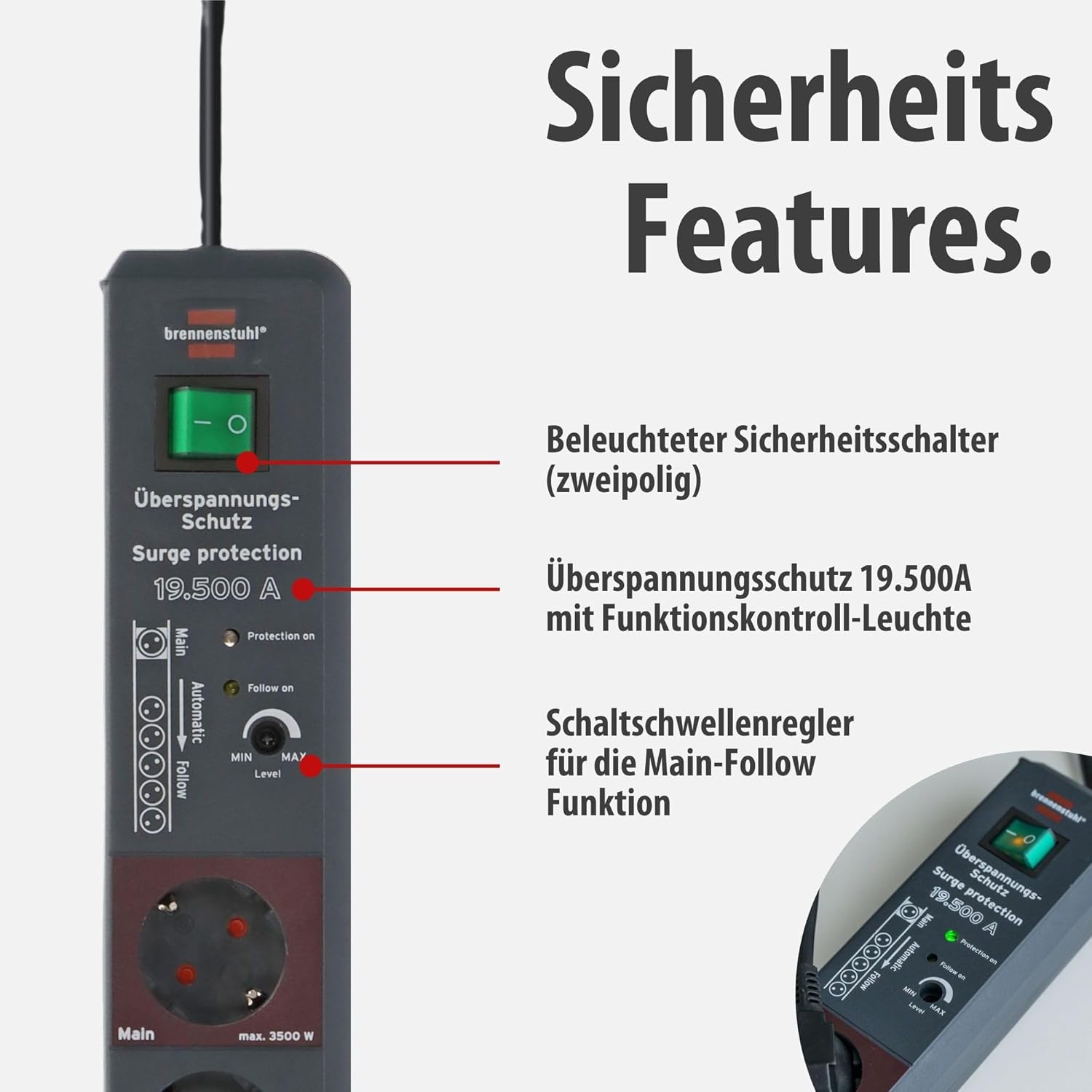 Brennenstuhl Secure-Tec Steckdosenleiste mit Überspannungsschutz und Master/Slave-Funktion (3 m Kabel und Schalter) Farbe: Anthrazit, Grau, 1159490966 | Hauptfolgefunktion, Mehrfachsteckdose mit Schalter und 3 m Kabel, anthrazit – Bild 3
